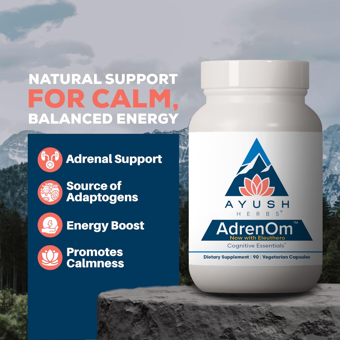 Ayush Herbs AdrenOm Ayurvedic Adrenal and Stress-Support Supplement Capsule, 90 Count