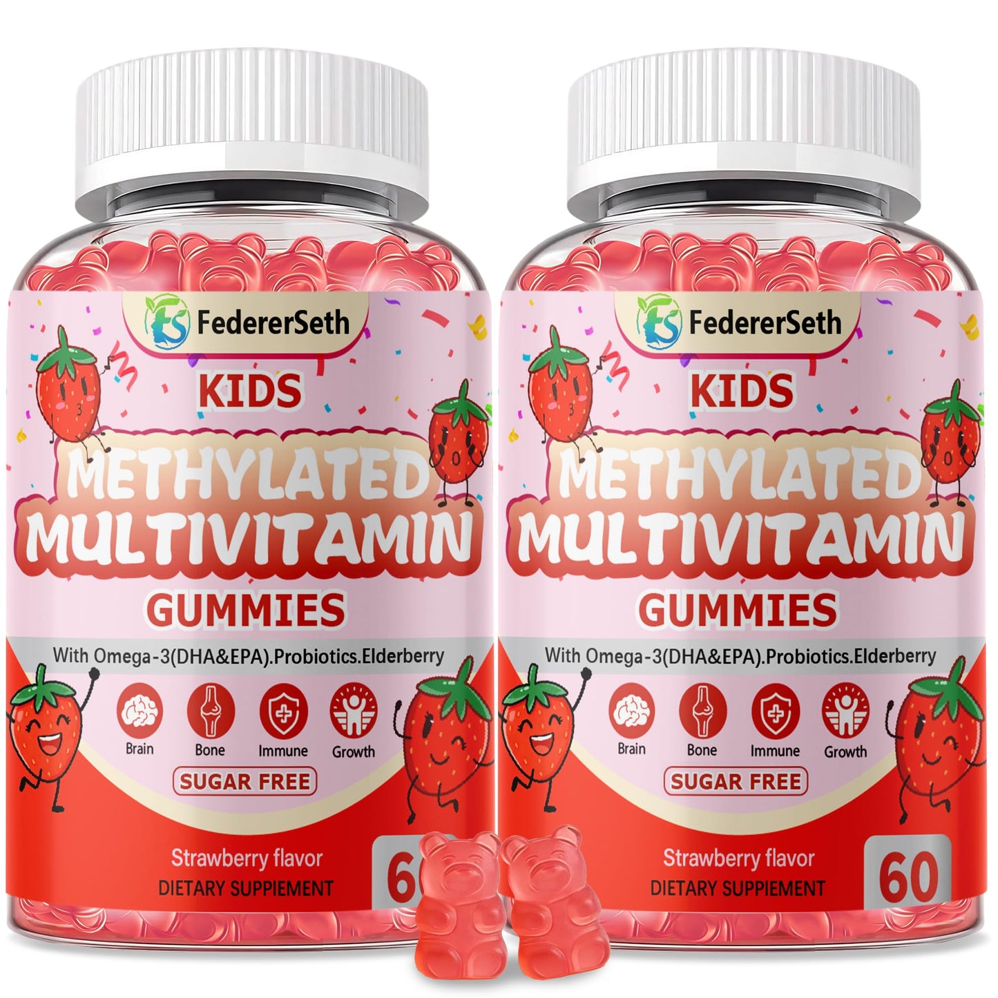 FedererSeth Methylated Multivitamin for Kids, Omega3, Methylfolate & B12, Calcium, Probiotics, Elderberry, for Kids & Teens, Growth, Immune, Bone, Brain, Focus, No Sugar Gummy 120