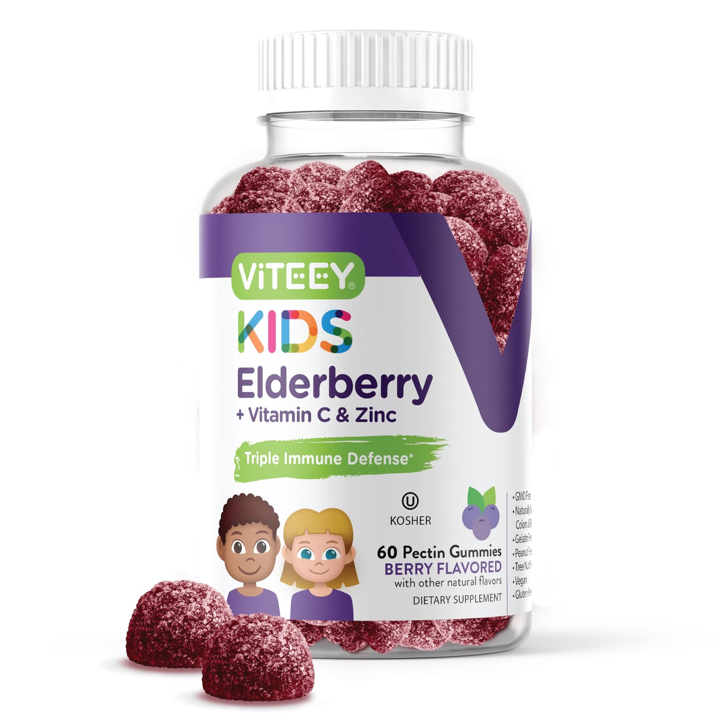 Viteey Sambucus Elderberry Gummies for Kids with Zinc & Vitamin C, 60 Count