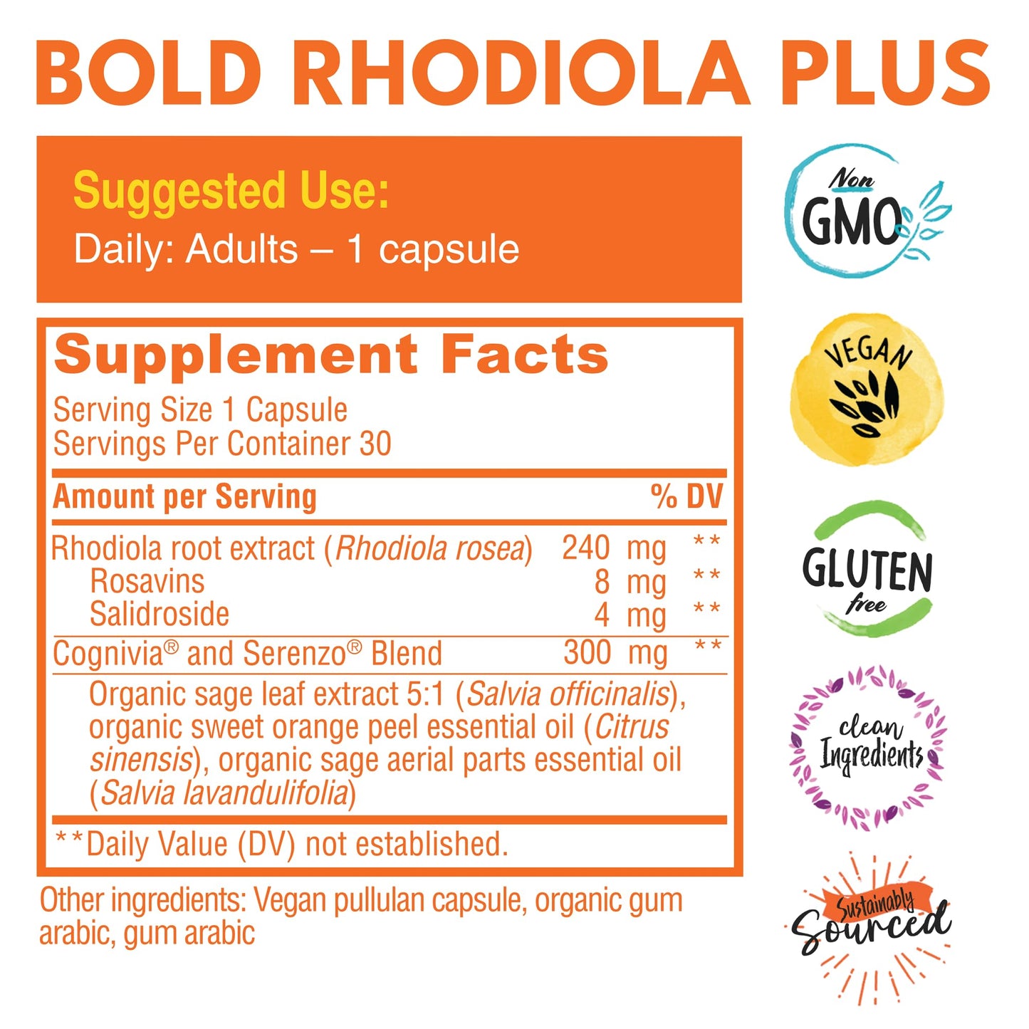Bold Botanica Rhodiola Plus — Siberian Rhodiola Rosea Extract Supplement 8mg Rosavins, 4mg Salidroside — Premium Adaptogen Supplement for Stress, Memory, Focus, & Energy Support — Capsules, 30 Count