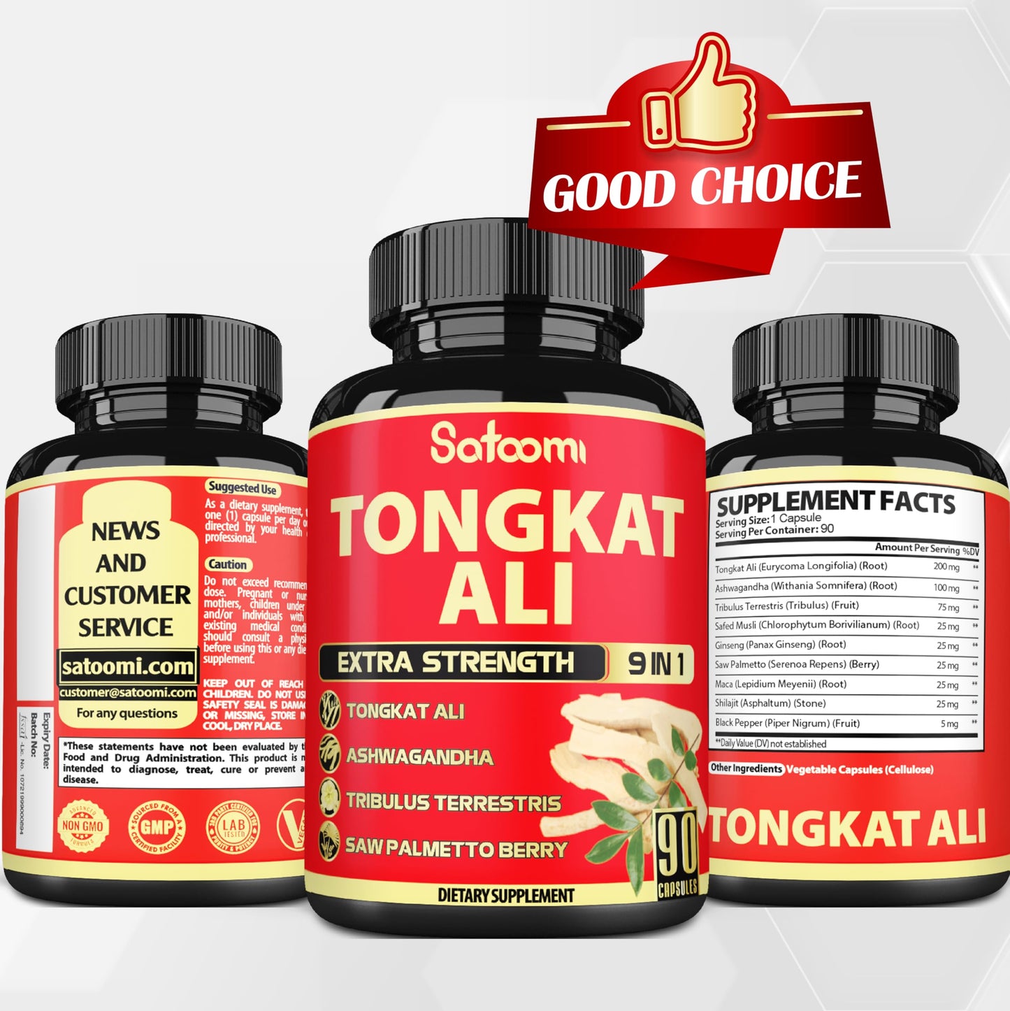 Satoomi 9in1 Tongkat Ali Root Extract - Ashwagandha, Tribulus Terrestris, Capsules, 90 Count
