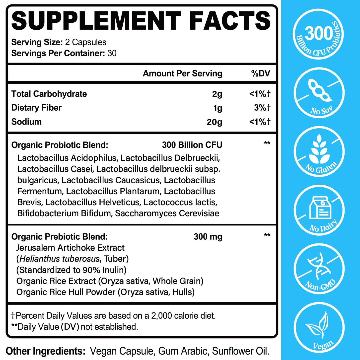 Heafetine Probiotics 300 Billion CFUs for Women & Men, 12 Strains + 3 Organic Prebiotics, Digestive Health & Immune Support, 60 Capsules