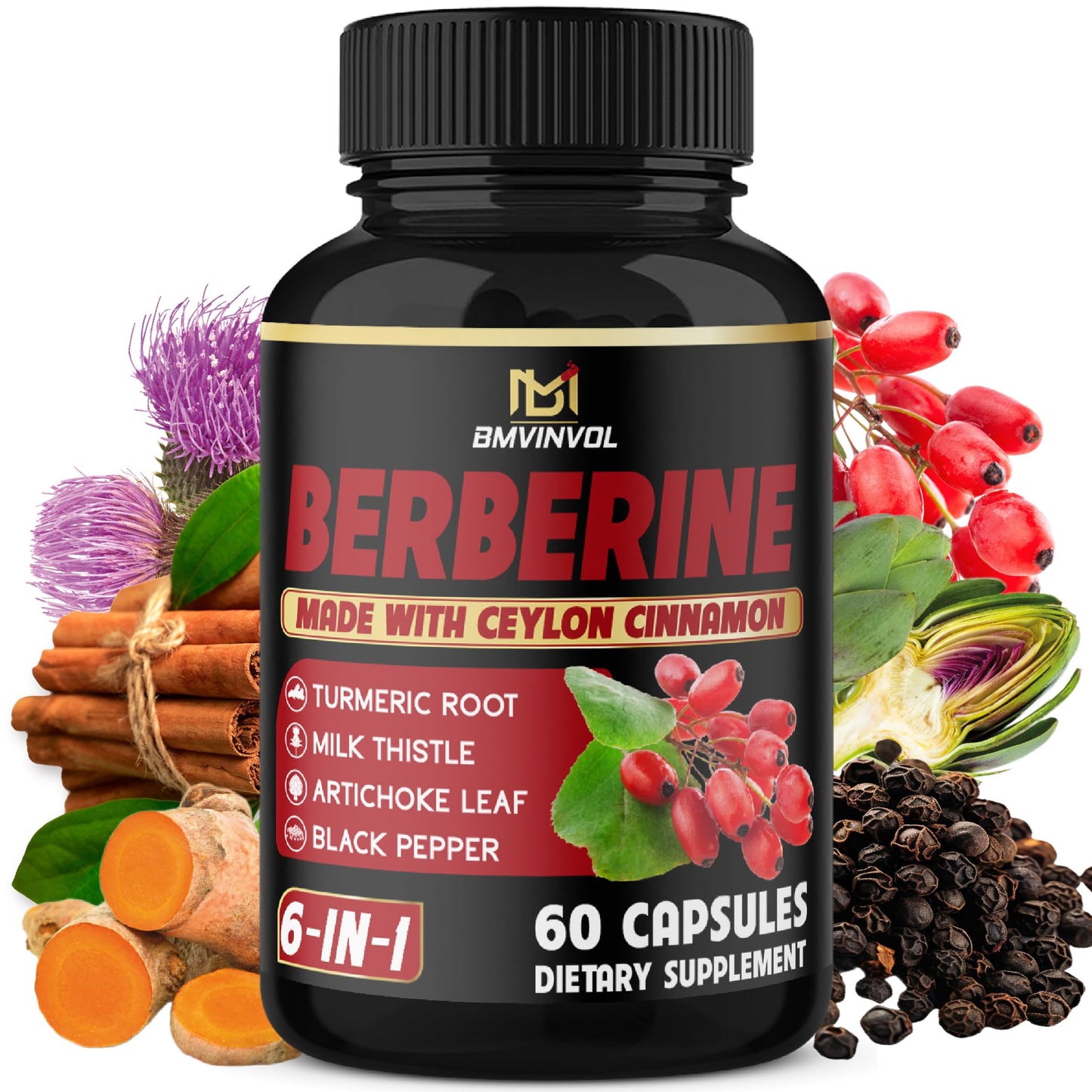 BMVINVOL Berberine with Ceylon Cinnamon, Turmeric, Milk Thistle, Artichoke, Black Pepper Capsules, 60 Count