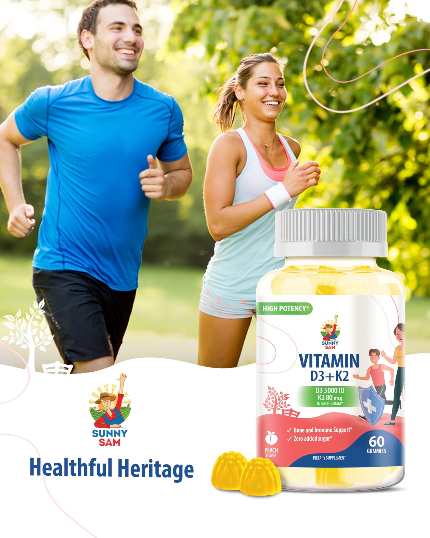 SUNNY SAM Sugar-Free Vitamin D3 K2 Gummies 5000 IU 60 Count