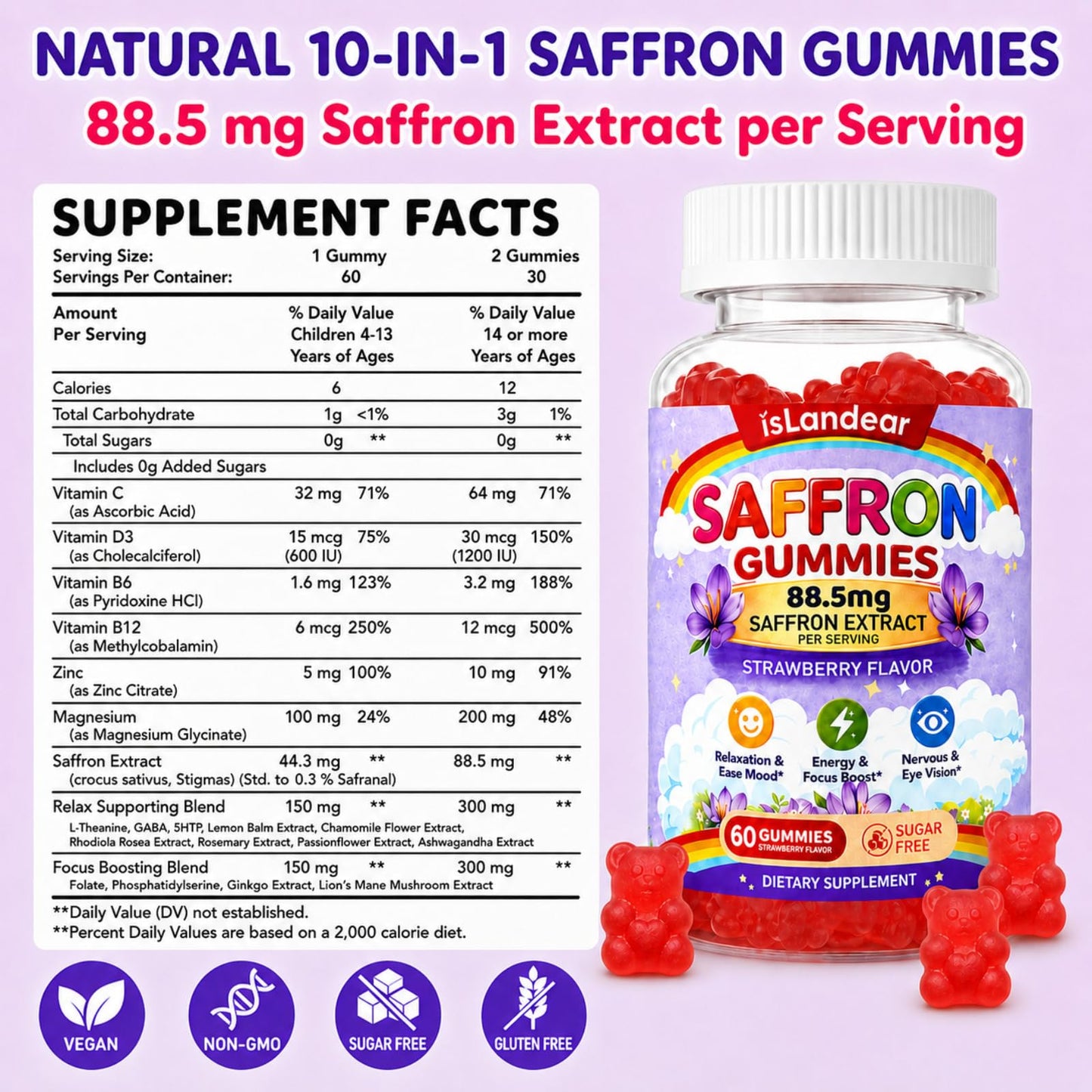 isLandear Saffron Gummies for Kids & Adults for Calm Mood, Focus & Daily Wellness Gummy, 60 Count