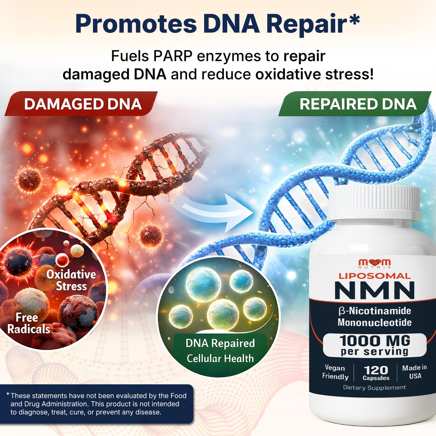 MOM NUTRIX NMN Supplement 1000 mg Nicotinamide Mononucleotide - NAD Precursor for Energy & Longevity, Mitochondrial Support - 120 Capsules