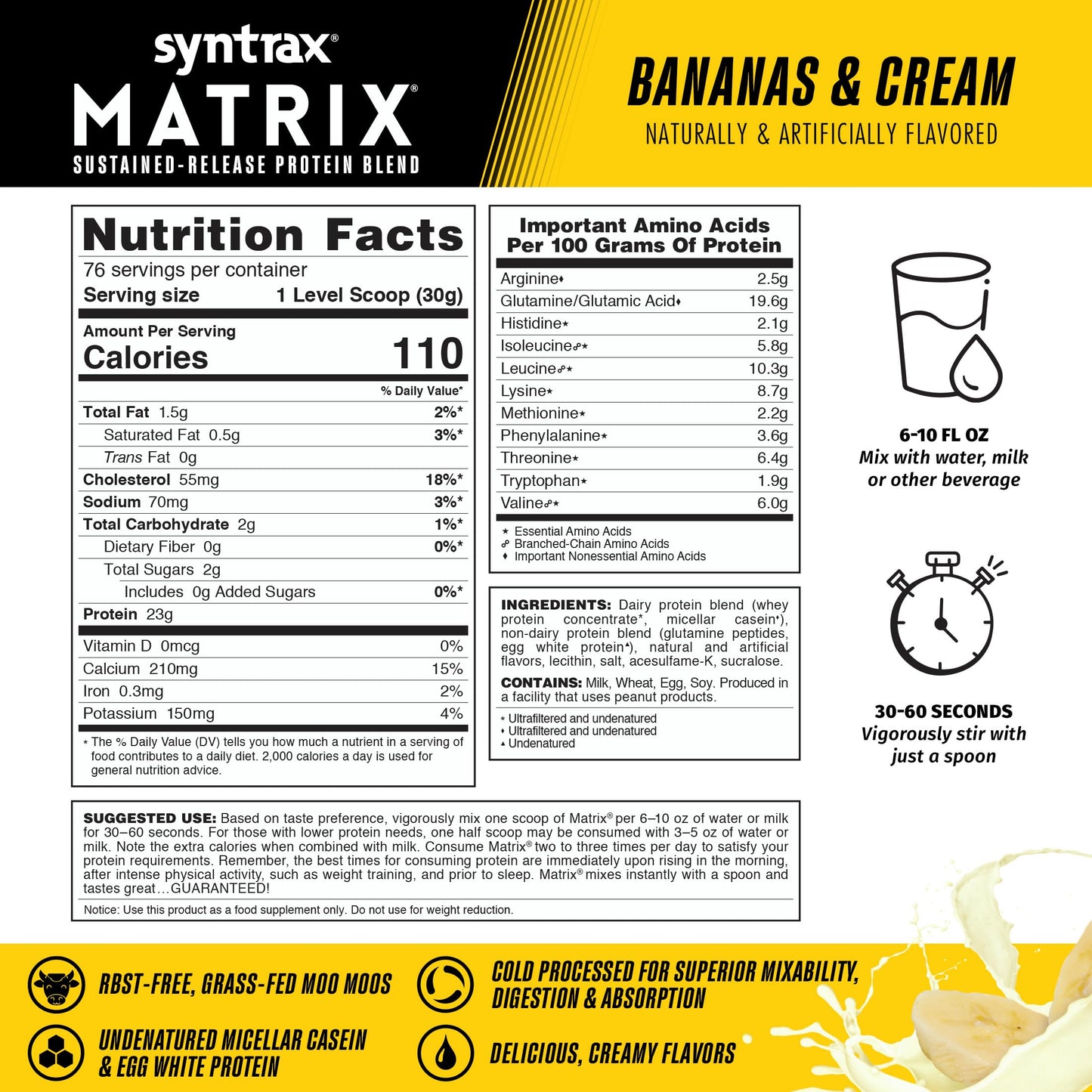Syntrax Matrix Protein Powder Sustained-Release Protein Blend with RBST-Free Grass-Fed Whey, Micellar Casein & Egg White Protein, Bananas & Cream Flavor, 80 Servings
