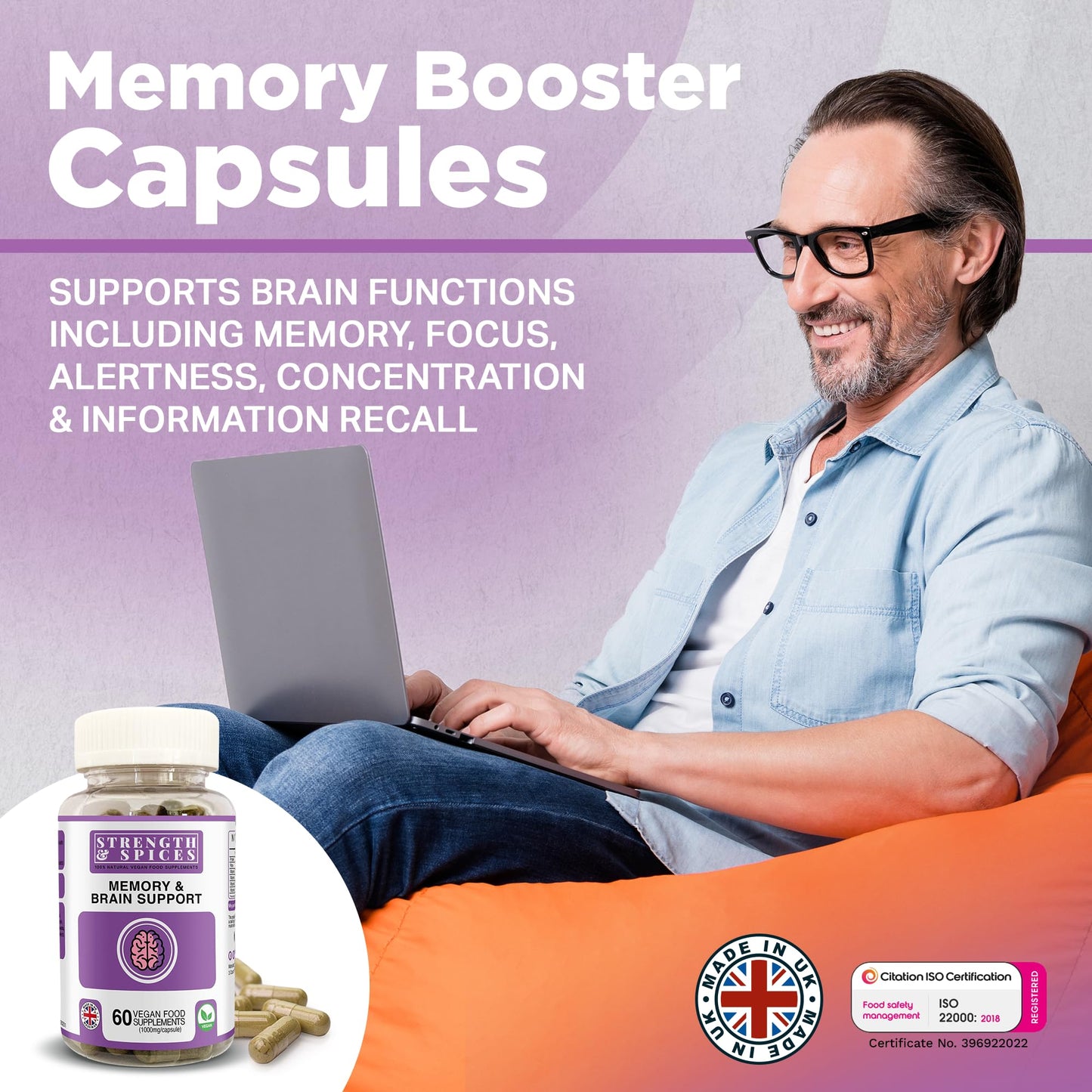 STRENGTH & SPICES Memory Booster and Focus Supplement with Ginkgo Biloba and 22 Super Ingredients, 60 Capsules