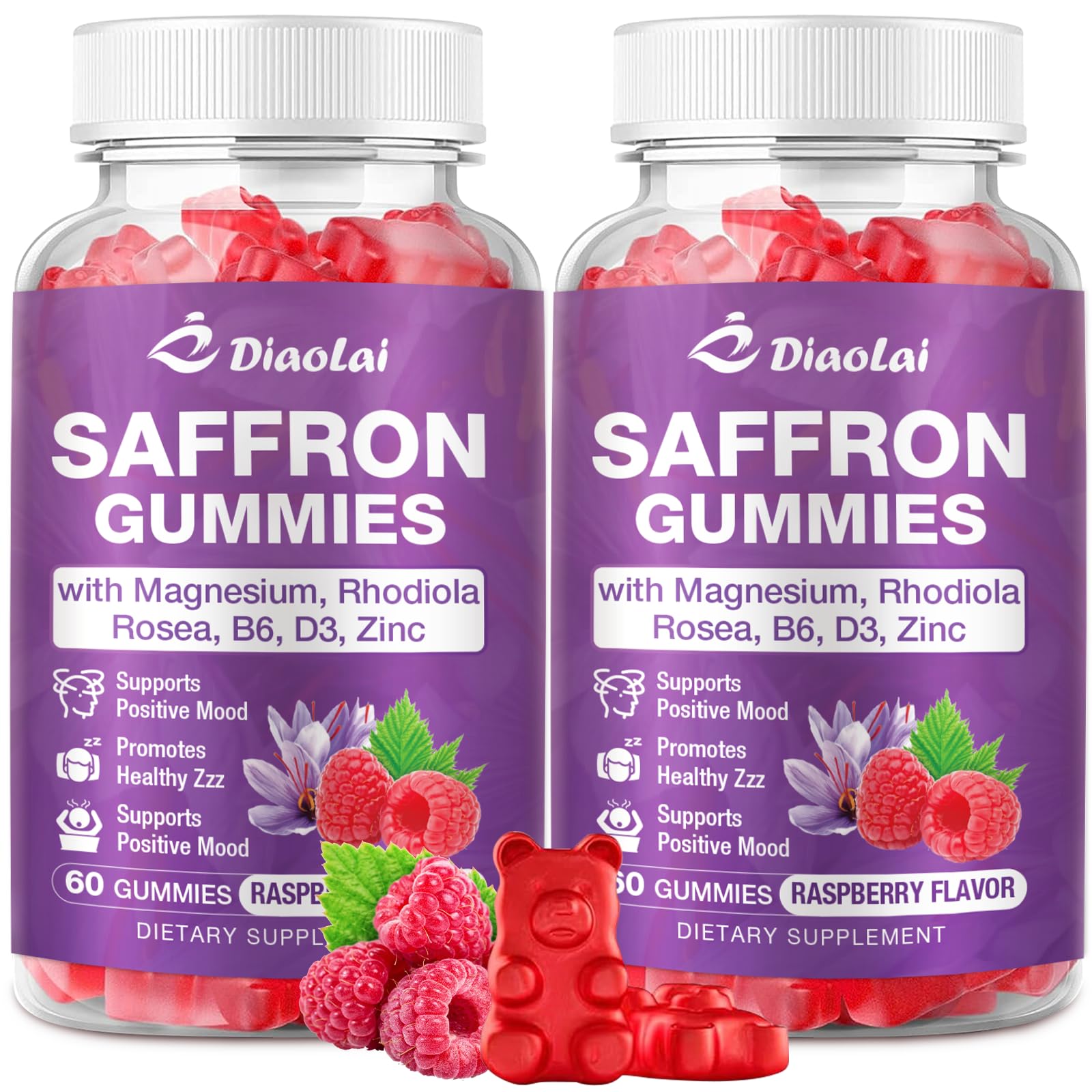 DIAOLAI Max Strength Saffron Gummies 88.5mg with Magnesium, St. John's Wort & Rhodiola for Mood Support, Focus - Sugar-Free, 120 Count