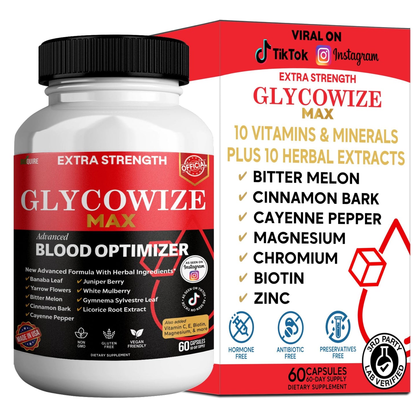BIOQUIRE Glycowize Max Extra Strength Blood Optimizer, Advanced Formula with Herbs and Vitamins, 60 Capsules