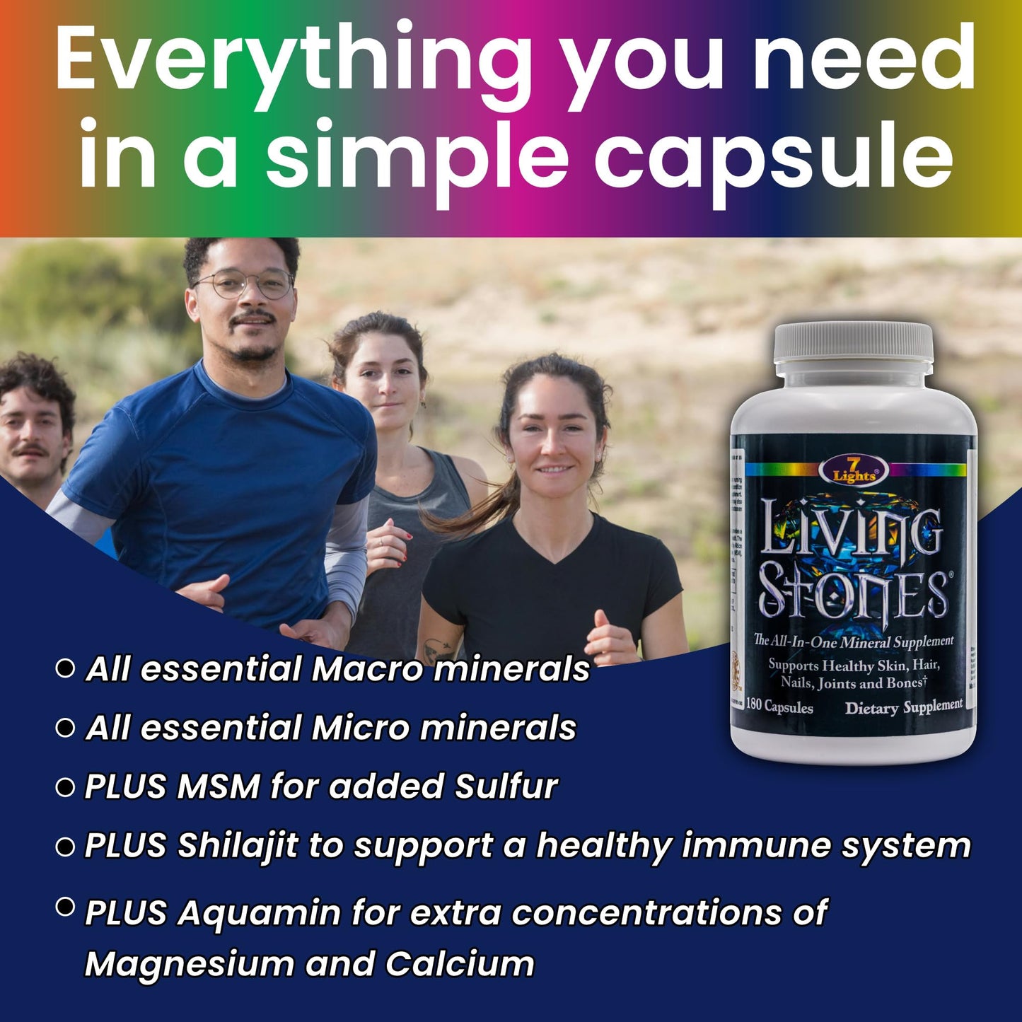 7 Lights Living Stones Complete Mineral Supplement with Zinc, Calcium, Magnesium, Selenium, Trace Minerals, No Added Iron, with MSM (Organic Sulfur) and Shilajit, Premium Absorption, 180 Capsules