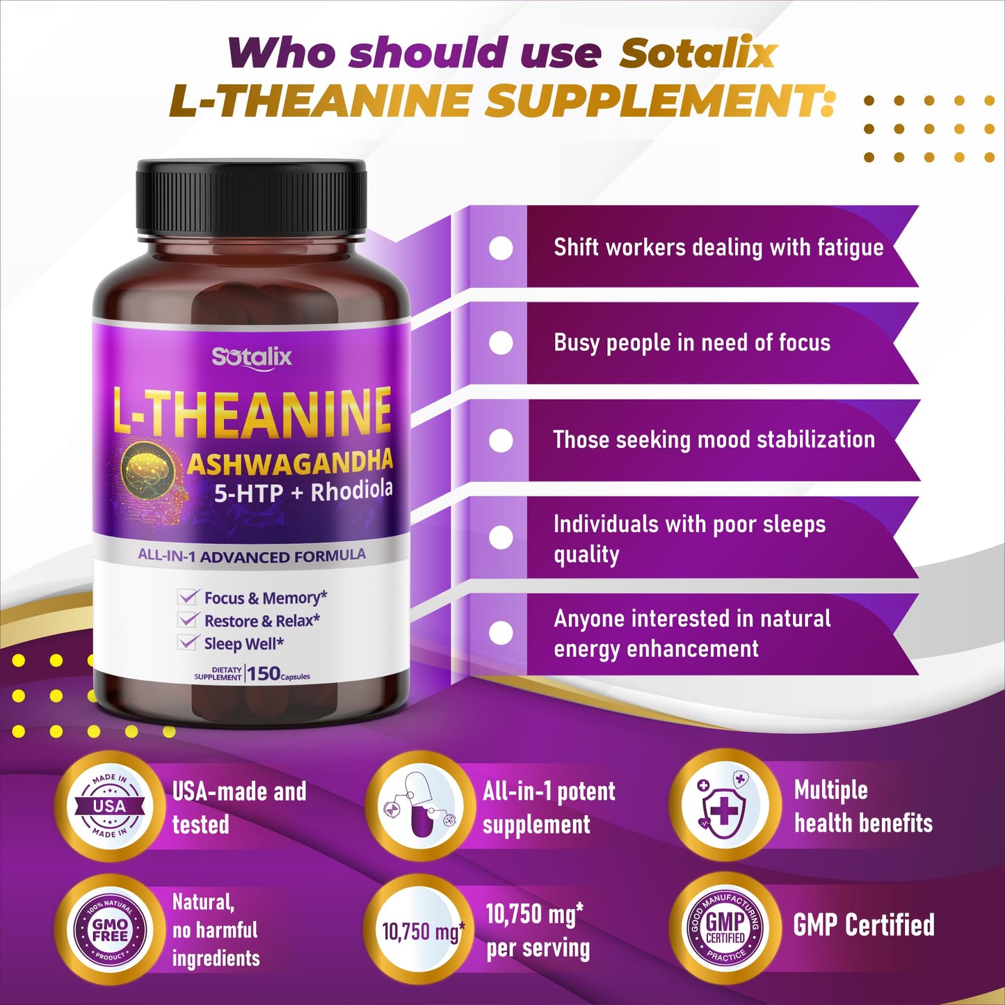 Sotalix L-Theanine Supplement with Ashwagandha 5-HTP + Rhodiola Capsules, 150