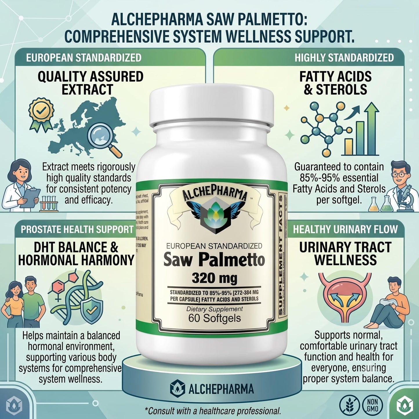 AlchePharma Saw Palmetto Extract 320 mg Softgel, 60 Count