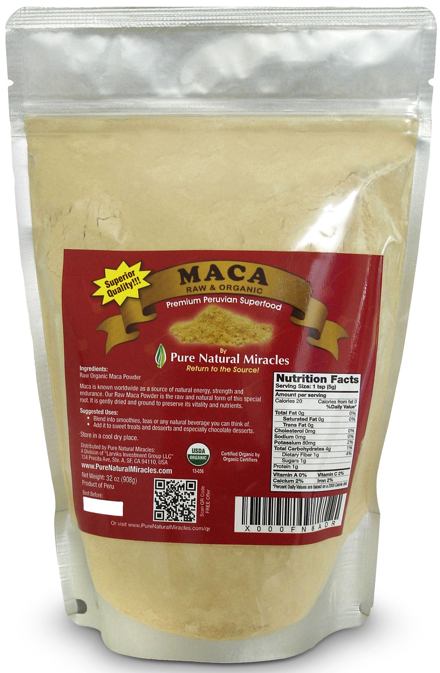 Pure Natural Miracles Organic Peruvian Maca Root Powder 16 oz