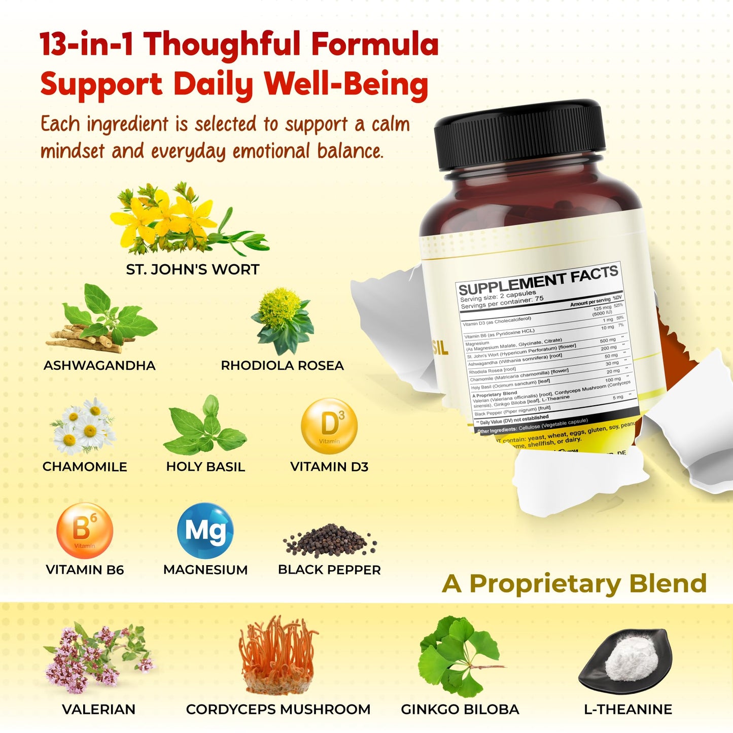 PEAKPURY St. John's Wort, Ashwagandha, Rhodiola Rosea & Chamomile Capsule, 150 Count