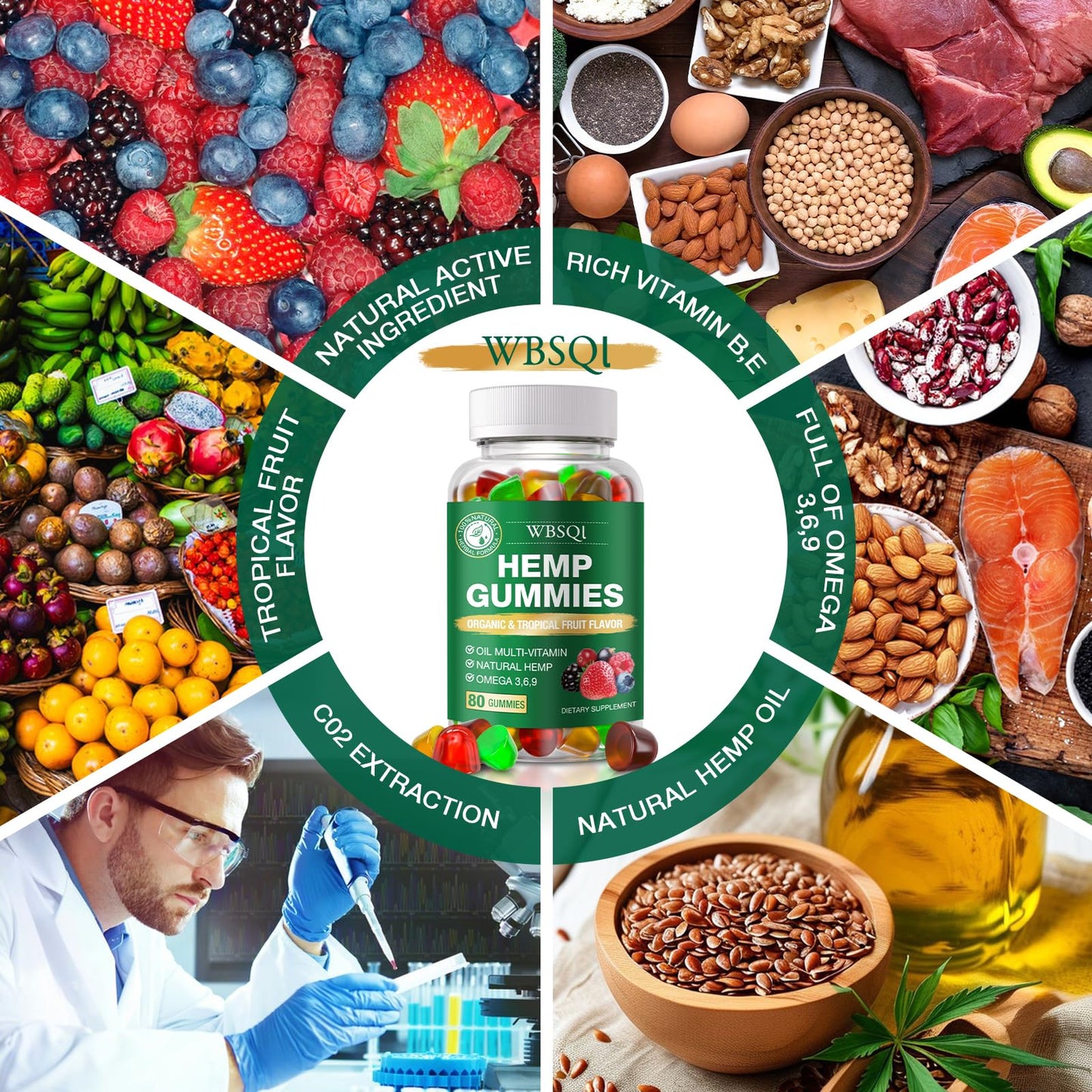 WBSQL Hemp Gummies for Sleep, Pain & Anxiety with Natural Hemp Oil Extract, Vegan, Non-GMO, 160 Gummies