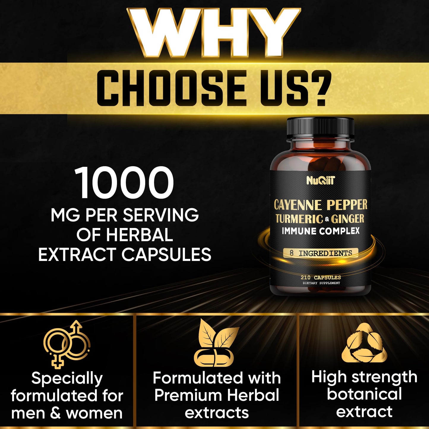NUQIIT Cayenne Pepper Capsules Organic with Turmeric, Ginger, Immune Support Complex Including Elderberry, Echinacea, Garlic Bulb, Digestion, Heart Health & Body Management, 210 Capsules