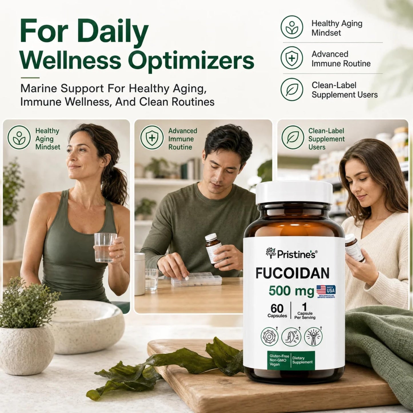PRISTINE'S Fucoidan 500mg Brown Seaweed Extract Capsules, 60 Count