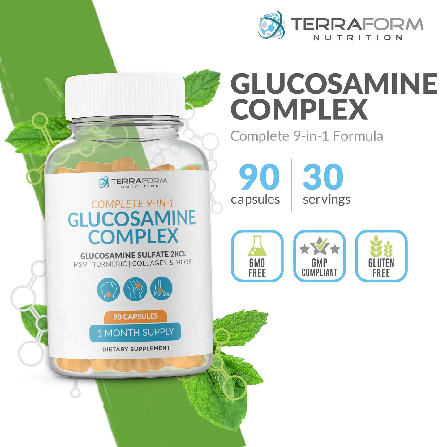 TerraForm Nutrition Glucosamine Complex with MSM, Turmeric & Collagen Capsules, 90 Count