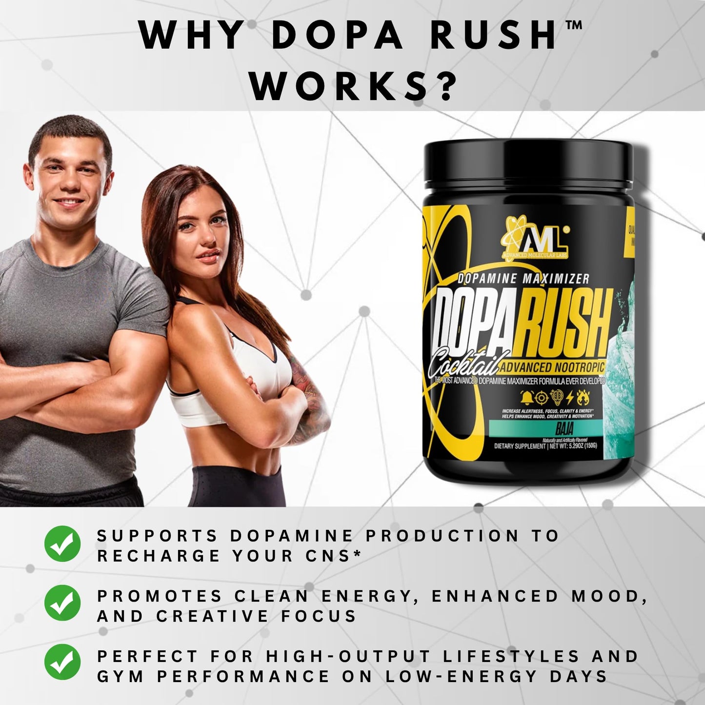 AML Advanced Molecular Labs Dopa Rush Powder, Dopamine Maximizer, Focus, Energy & Clarity Supplement Baja, 5.29 oz