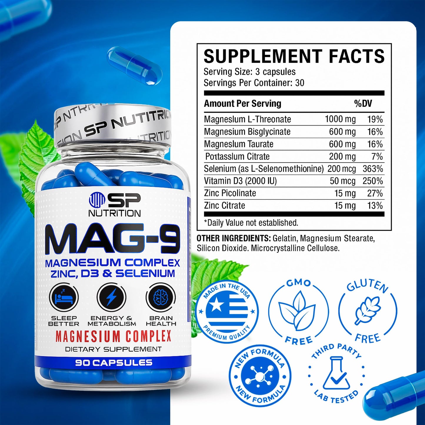 S Nutrition MAG-9 Magnesium Complex, Zinc, D3 & Selenium for Sleep & Energy Support, 90 Capsules