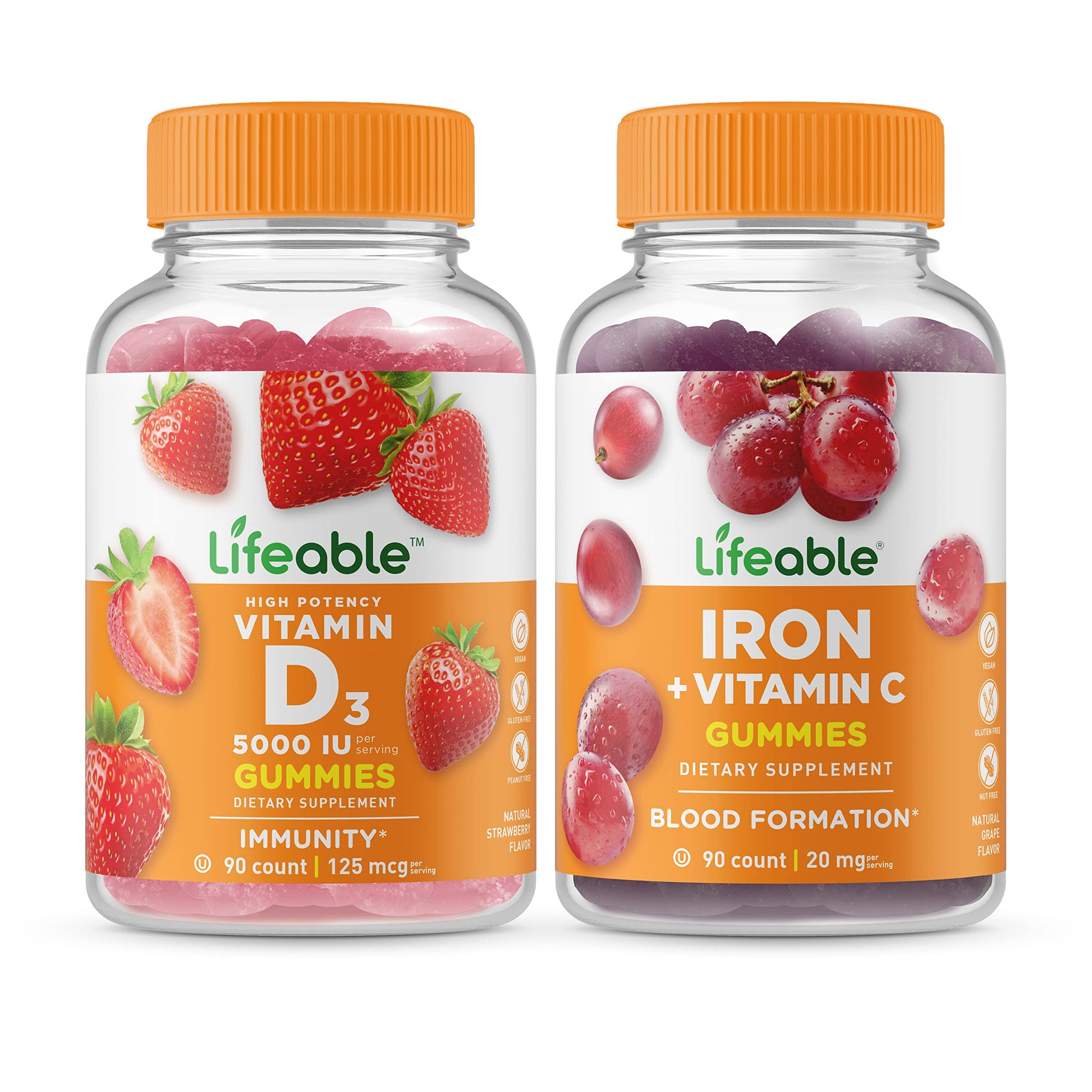 DOCTORS FINEST Lifeable Vitamin D 5000 IU + Iron with Vitamin C, 180 Gummies