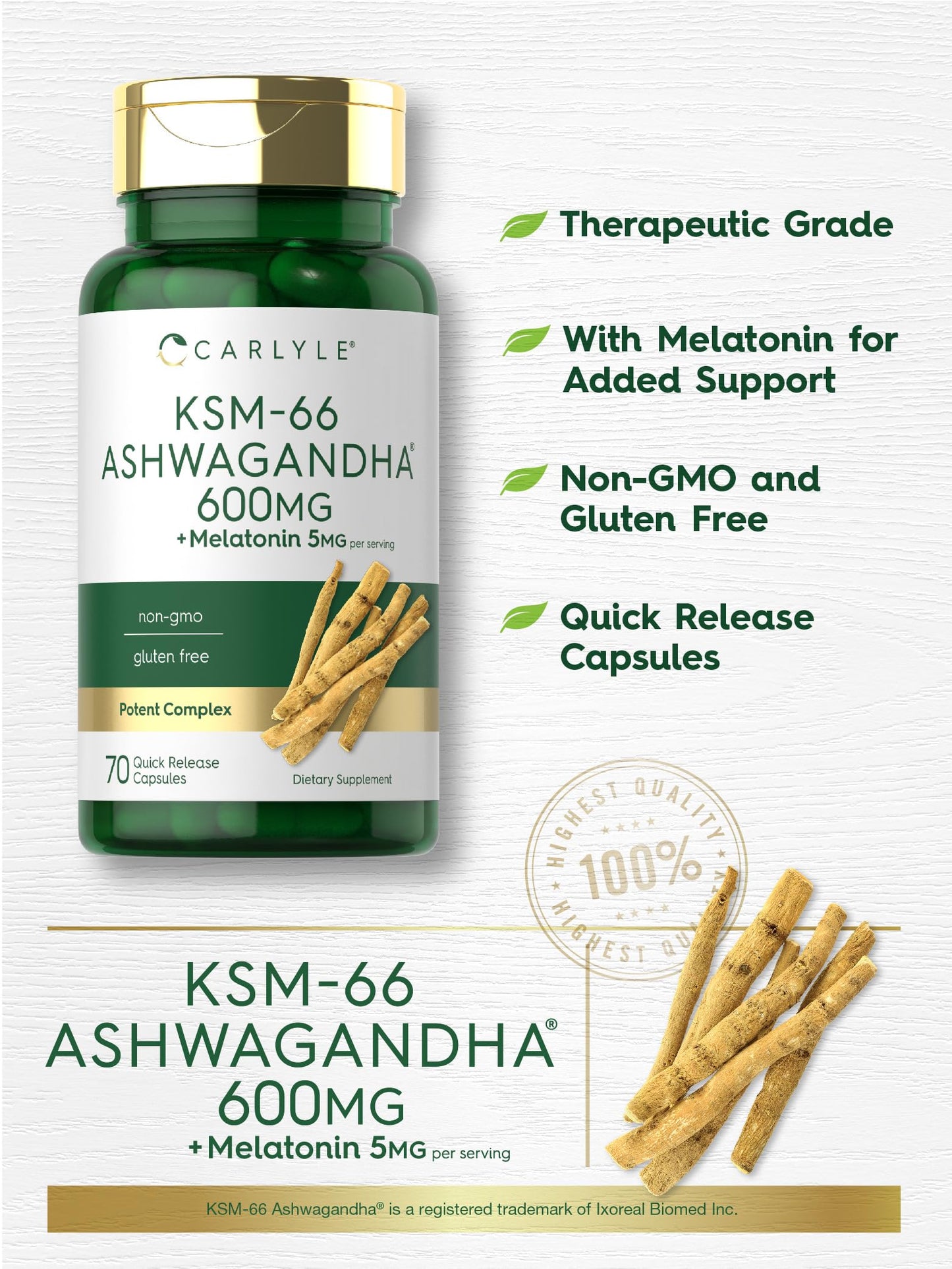 Carlyle KSM-66 Ashwagandha Capsules 600mg with Melatonin 5mg Potent Complex Non-GMO Gluten Free, 70 Count
