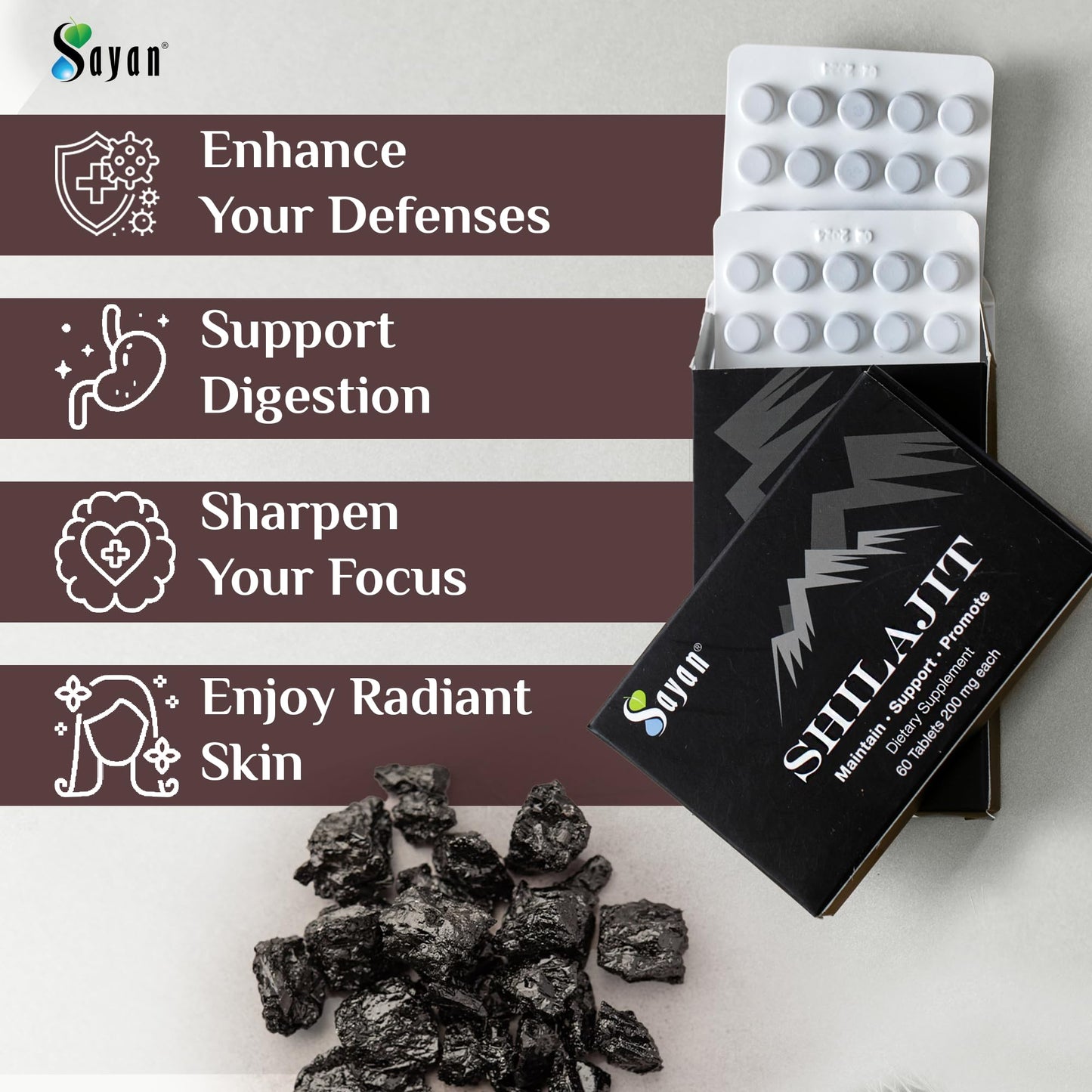 Sayan Shilajit Tablets 100% Pure, 24,000mg High-Potency, 85+ Trace Minerals, Lab-Tested for Purity, 120 Tablets