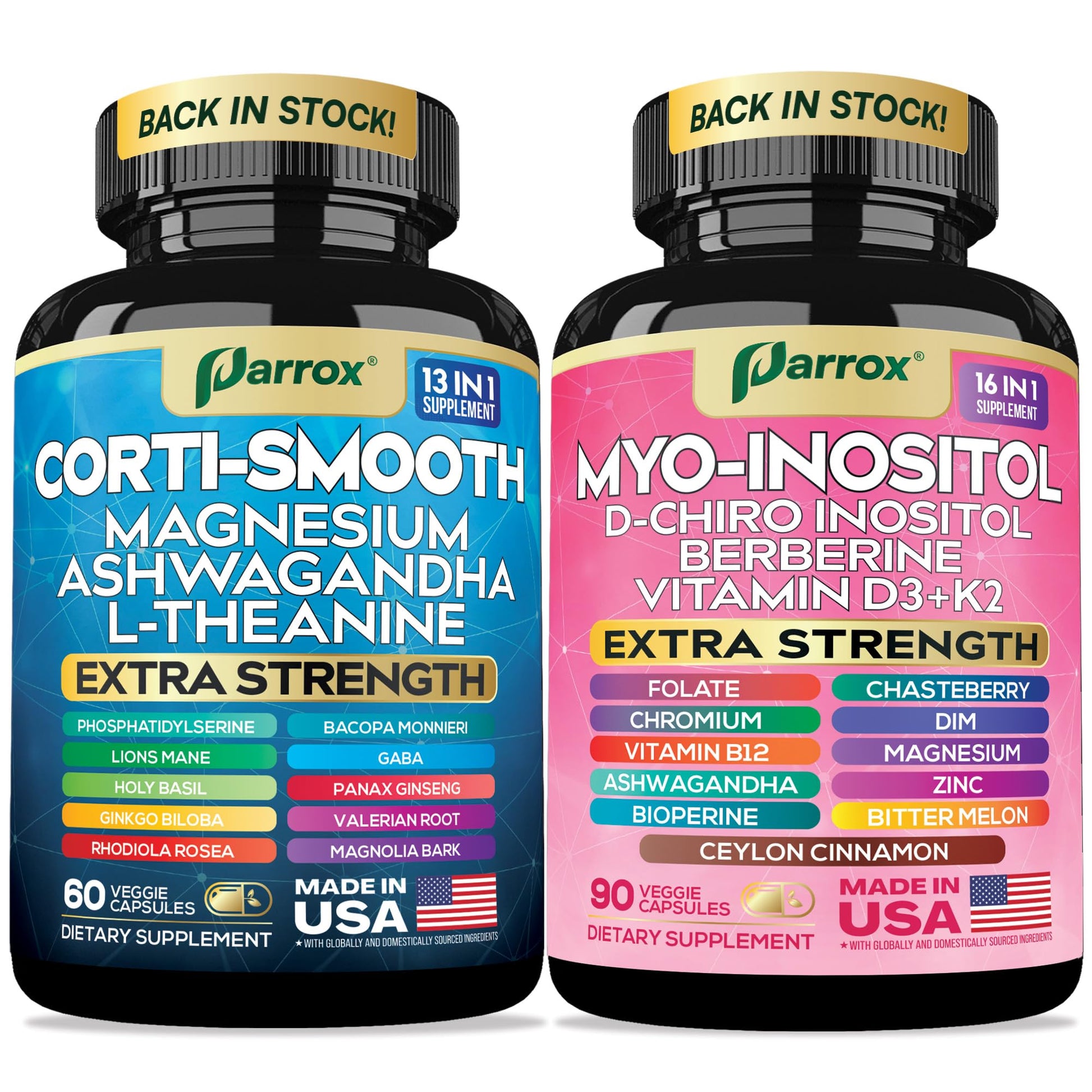 Parrox Cortisol & Myo-Inositol Bundle, 13-in-1, Soothe & Smooth Capsule, 150 Count