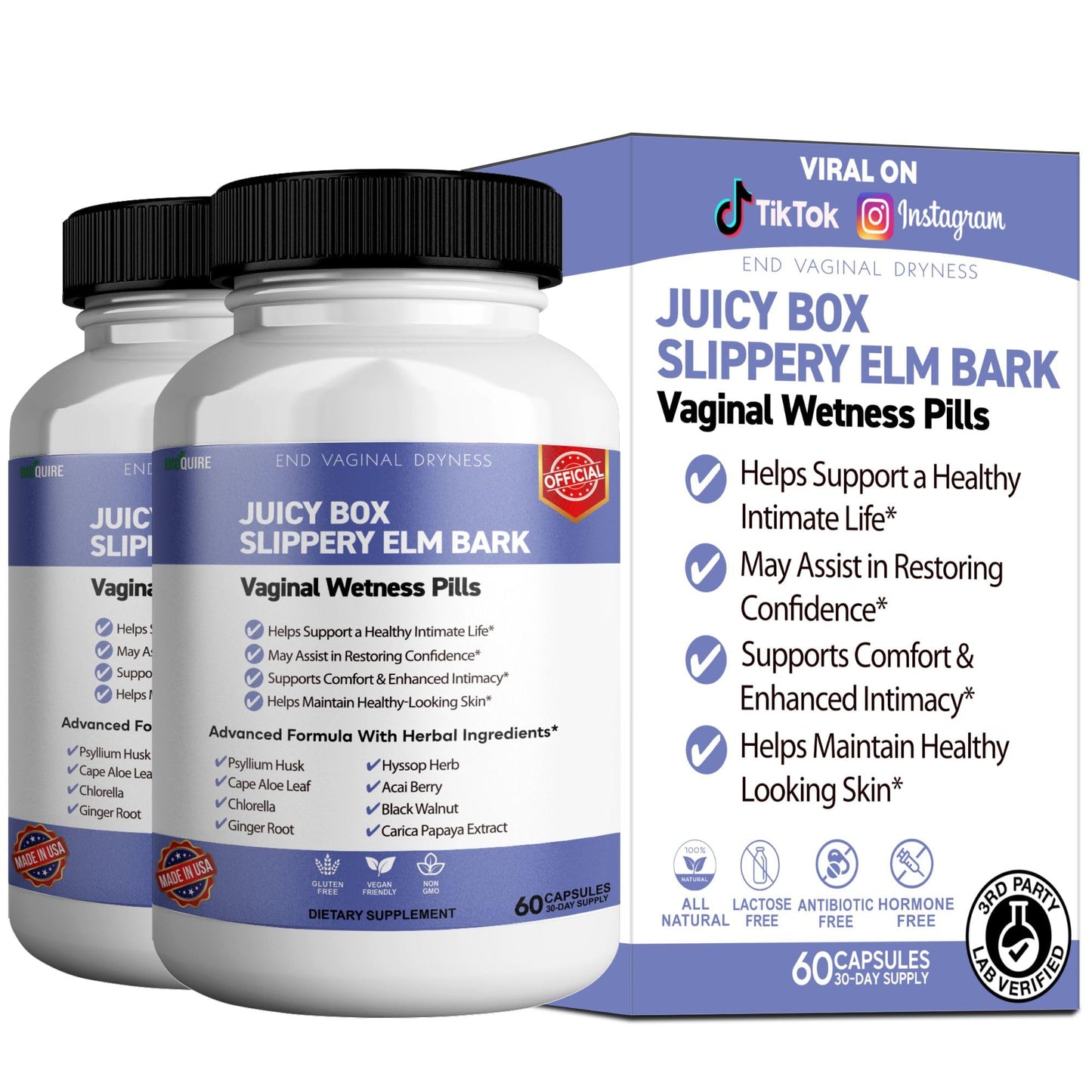 BIOQUIRE Slippery Elm Bark Vaginal Wellness Supplement Capsules 60