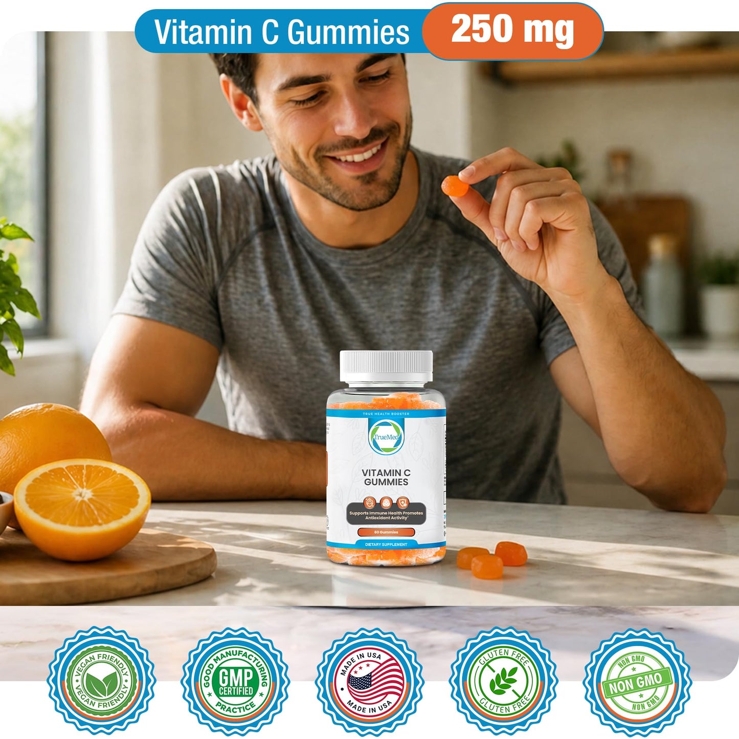 TRUEMED Chewable Vitamin C Gummies 250mg with Zinc and Probiotics 30 Count