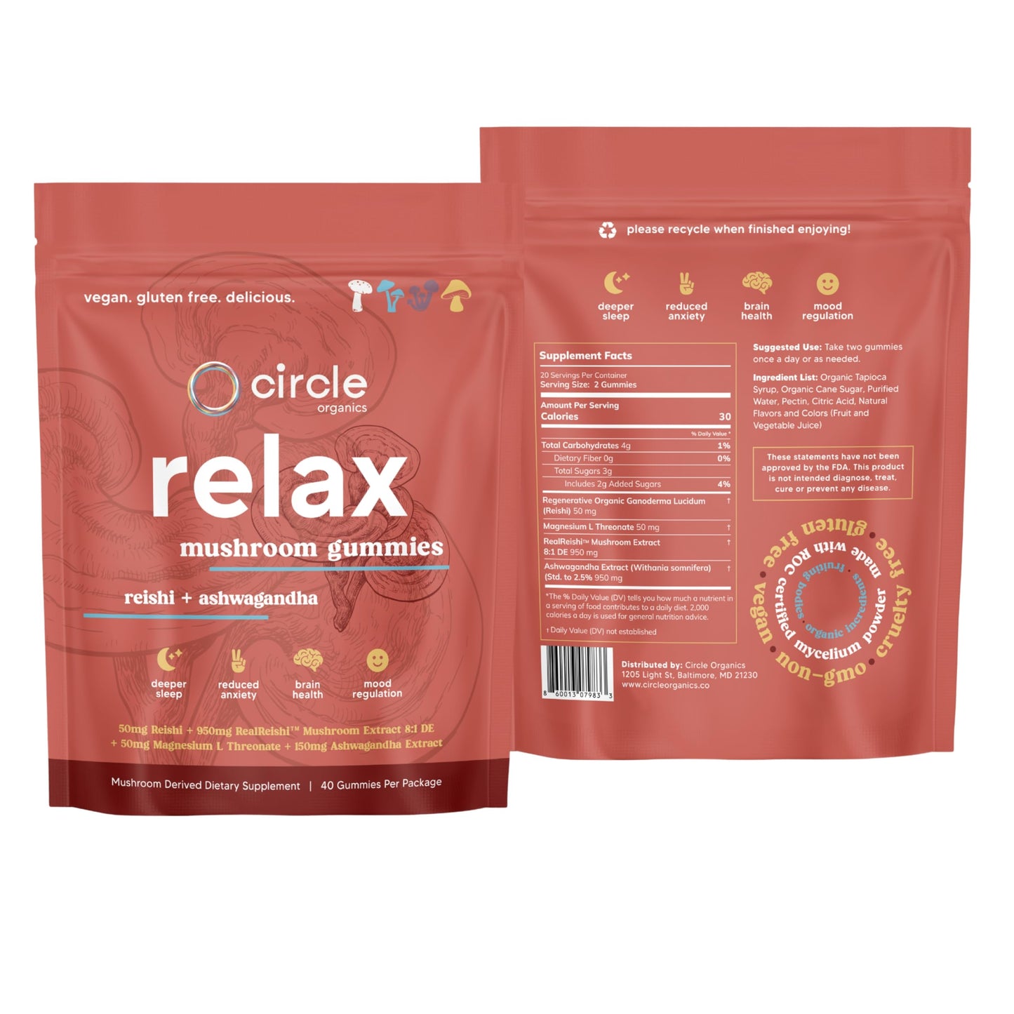 Circle Organics Relax Mushroom Gummies, 40 Count