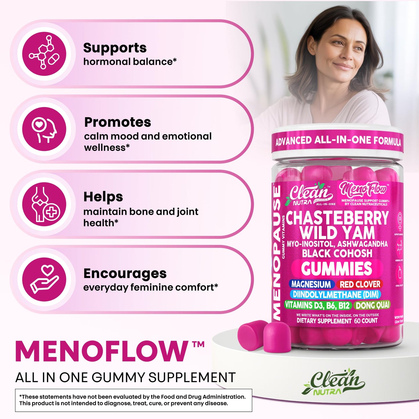 Clean Nutraceuticals Menopause Gummies with DIM, Vitex (Chasteberry), Wild Yam, Black Cohosh, Red Clover, Inositol, Magnesium Glycinate, B6, Glycine, 60 Count