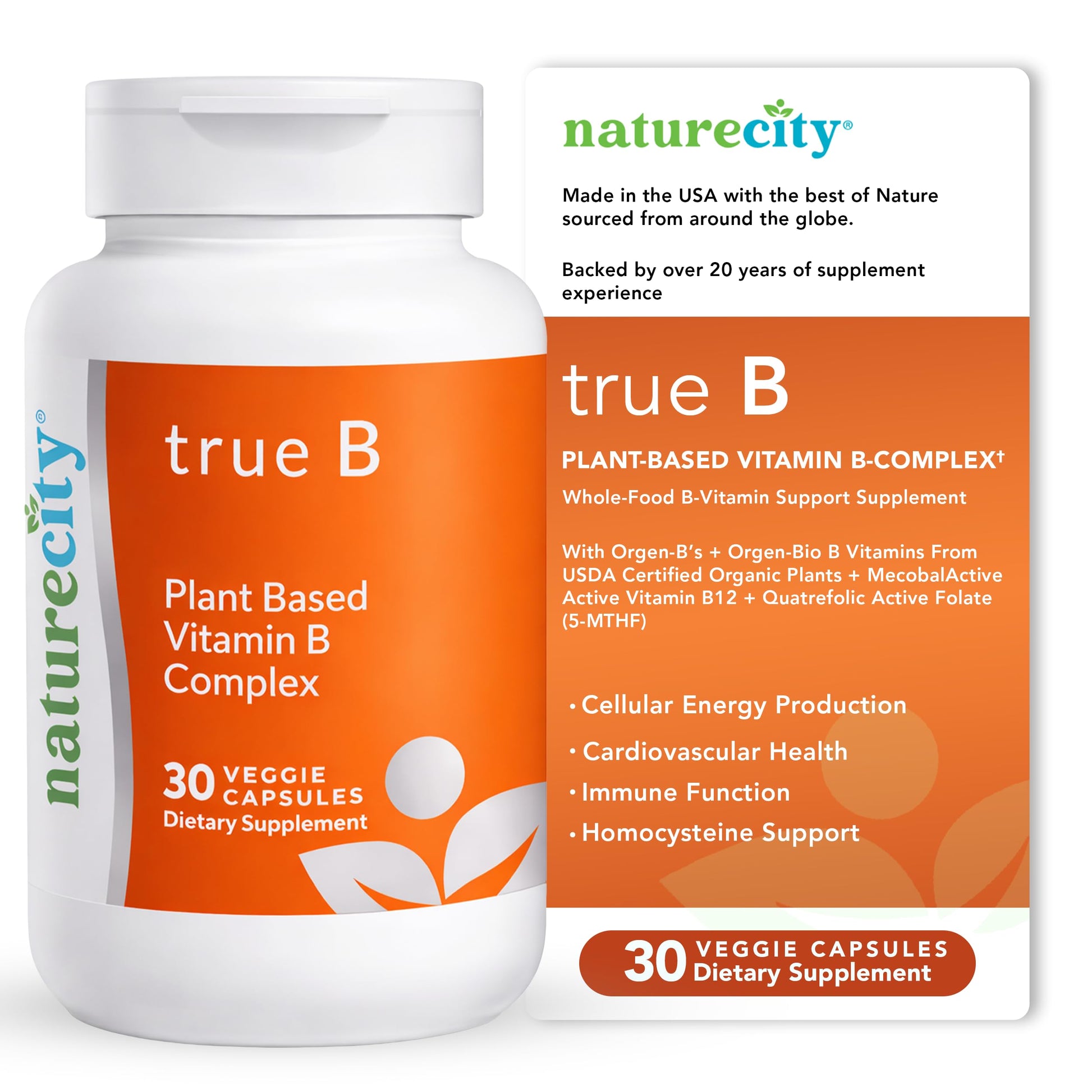 NatureCity True-B Plant-Based Super B Vitamin Complex Supplement Capsules 30