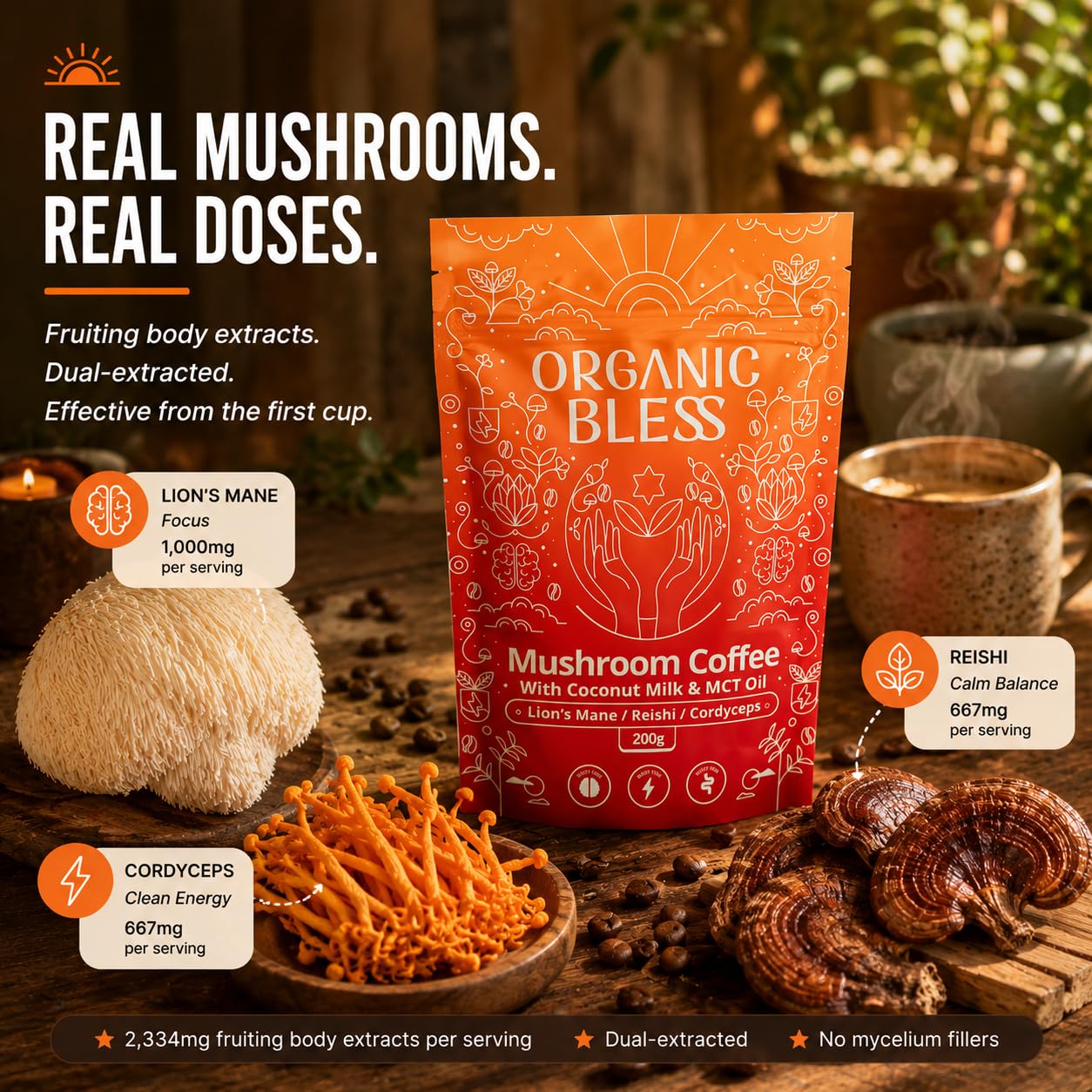 Organic Bless Mushroom Coffee Instant Powder with Organic Lion's Mane, Reishi & Cordyceps, Coconut Milk & MCT Oil, 7.05 oz