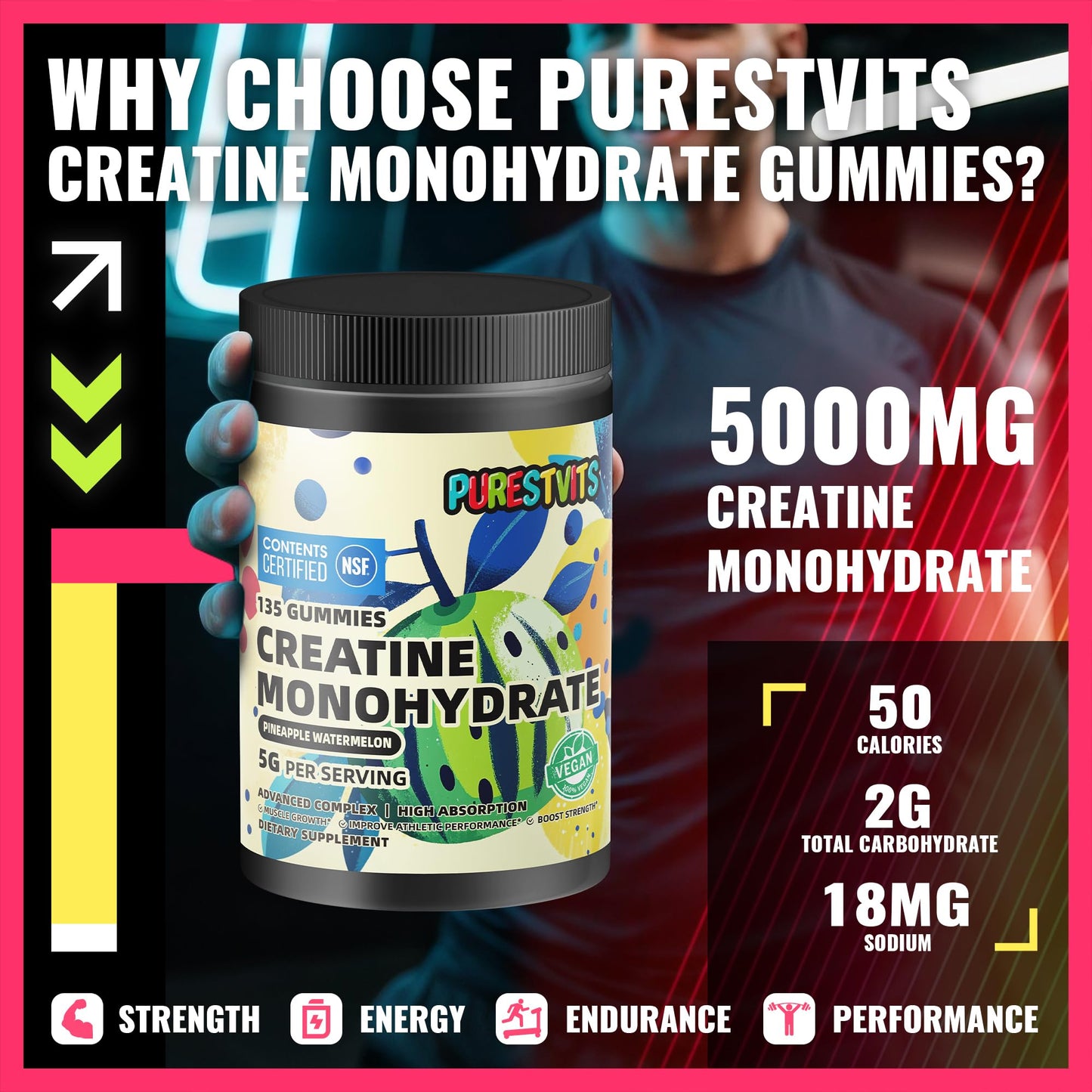 PURESTVITS Creatine Gummy Pineapple Watermelon 135 Count