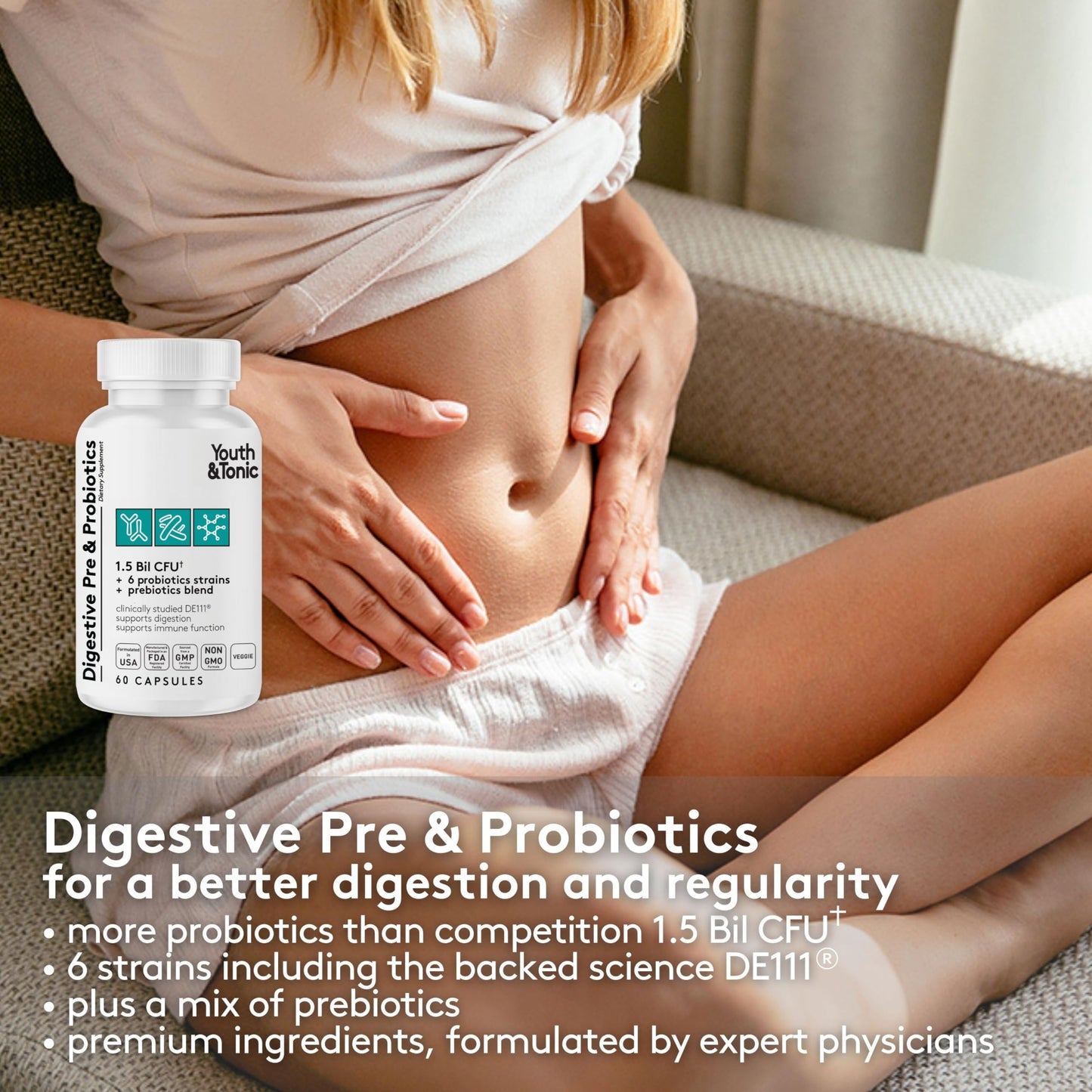 Youth & Tonic Digestion Stomach Support & Detox for Regularity, Gas & Bloating & Gut Health 180 Capsules