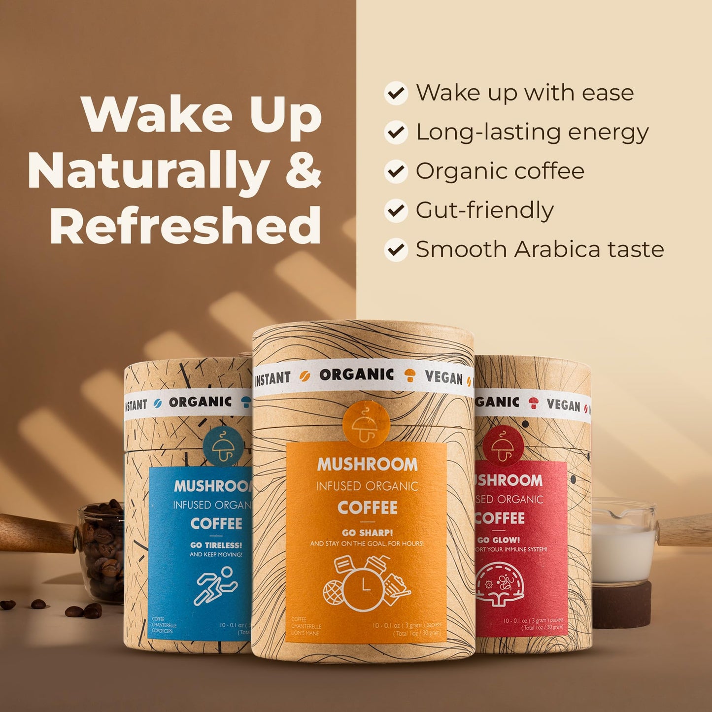 Mushroom Cups GoTireless Coffee Powder 1.06 Ounce