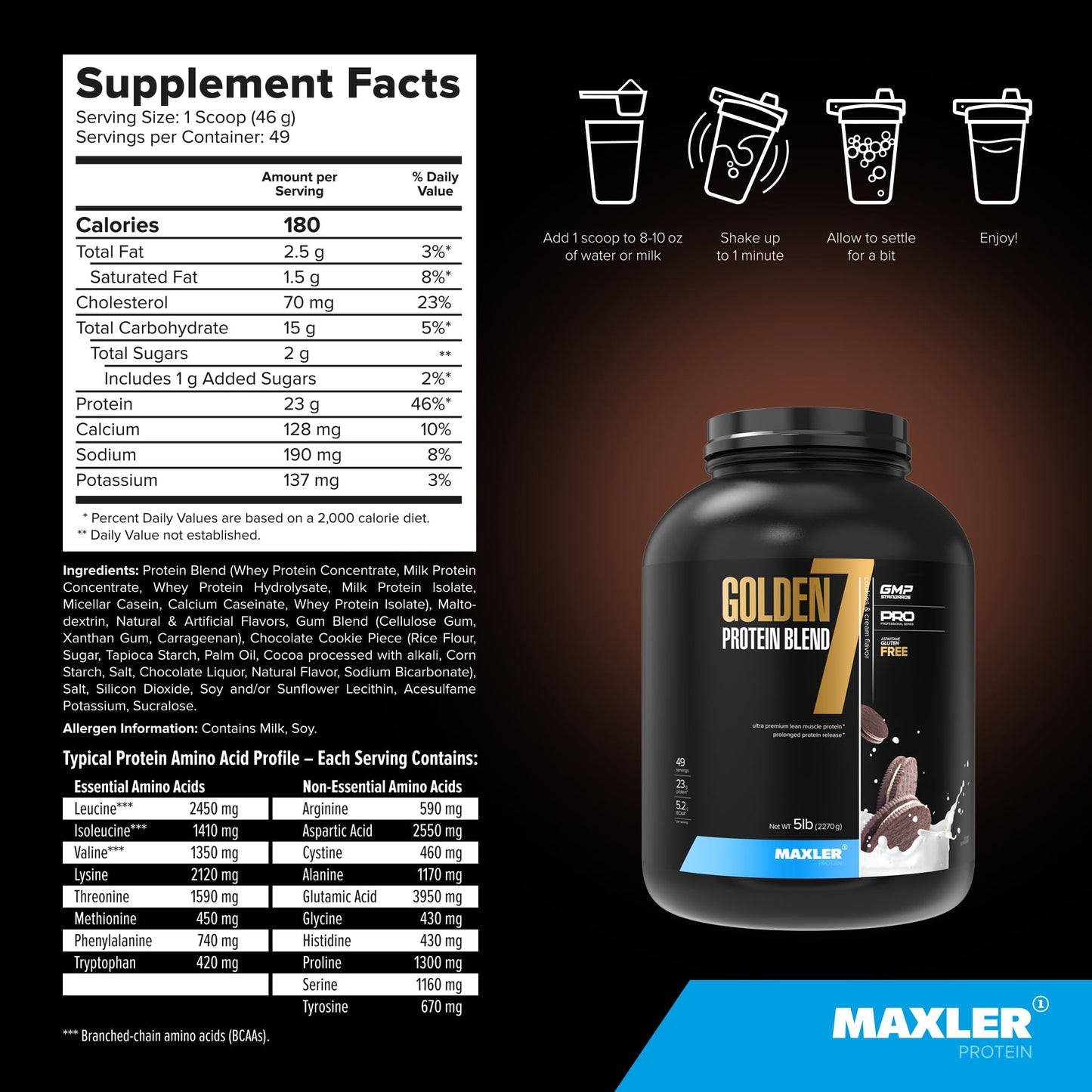Maxler Golden 7 Protein Blend Cookies and Cream Protein Powder, 5 lb, 80 Servings