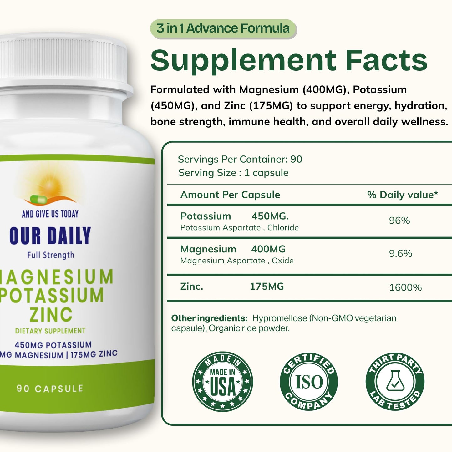 AND GIVE US TODAY OUR DAILY Our Daily Vites Potassium Magnesium Supplement with Zinc 1025mg 90 Capsules
