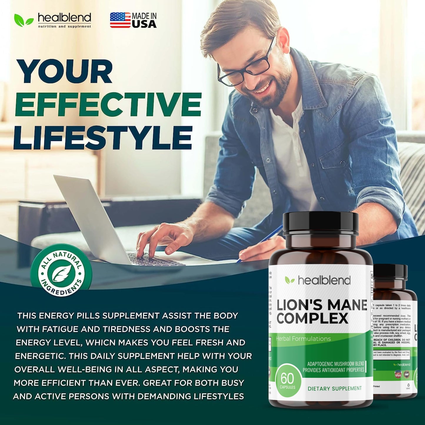 Healblend Mushroom Complex Extract with Lion's Mane Fruiting Body Capsules, 60 Count