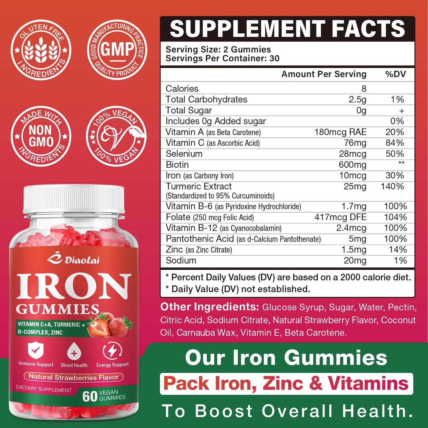 DIAOLAI Vegan Iron Gummies - High Potency Iron Supplement for Women & Men - Supports Energy & Immune Health Gummy 2-Pack
