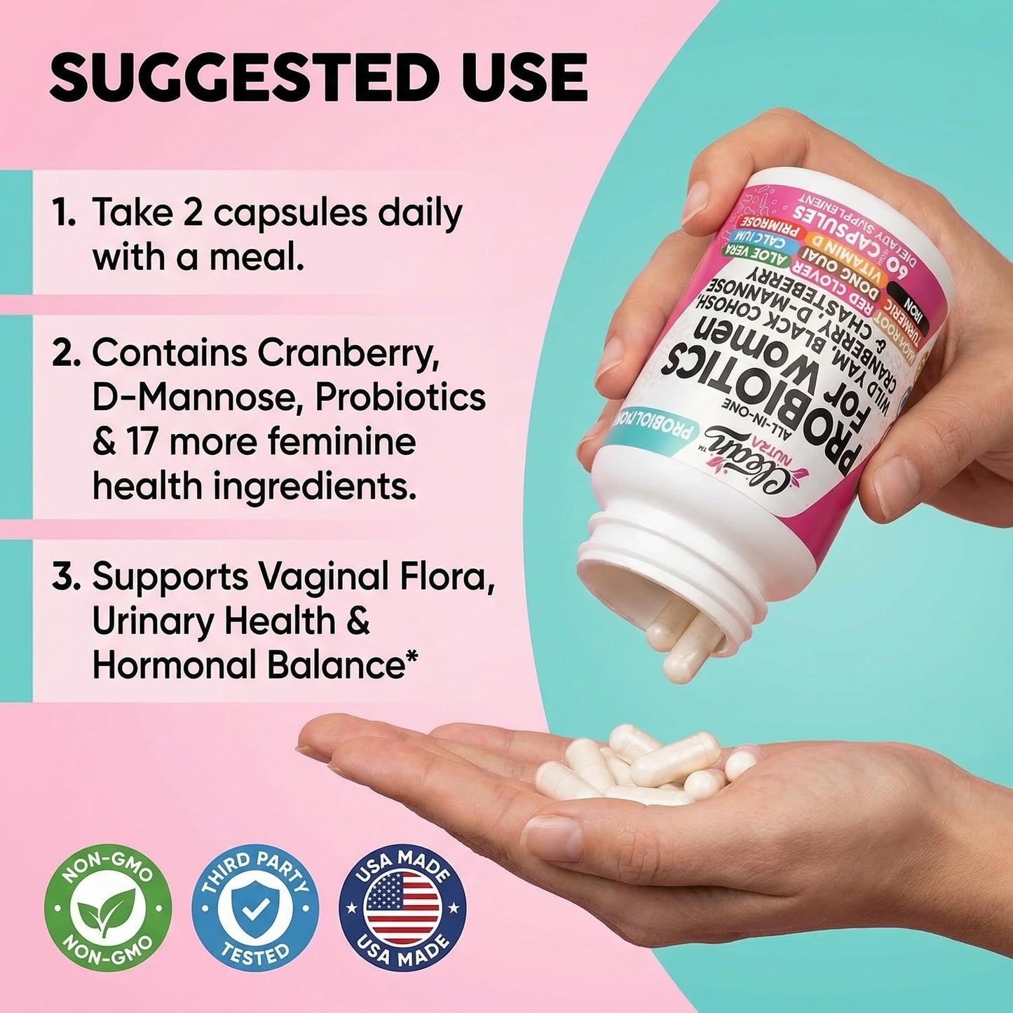 Clean Nutraceuticals Probiotics for Women with D-Mannose, Cranberry Extract, Wild Yam, and Chasteberry, 20 Probiotic and Prebiotic Strains, pH Balance, Digestive Health, 60 Capsules