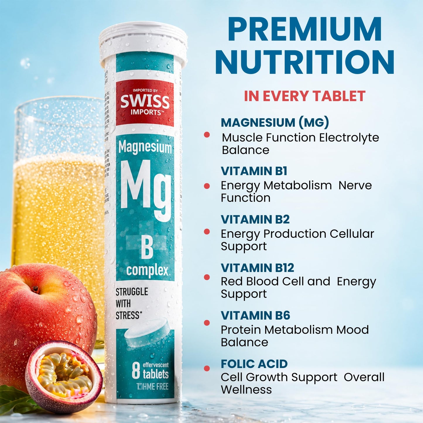 Swiss Imports Effervescent Magnesium + B Complex Dietary Supplement Tablets, 240 Tablets