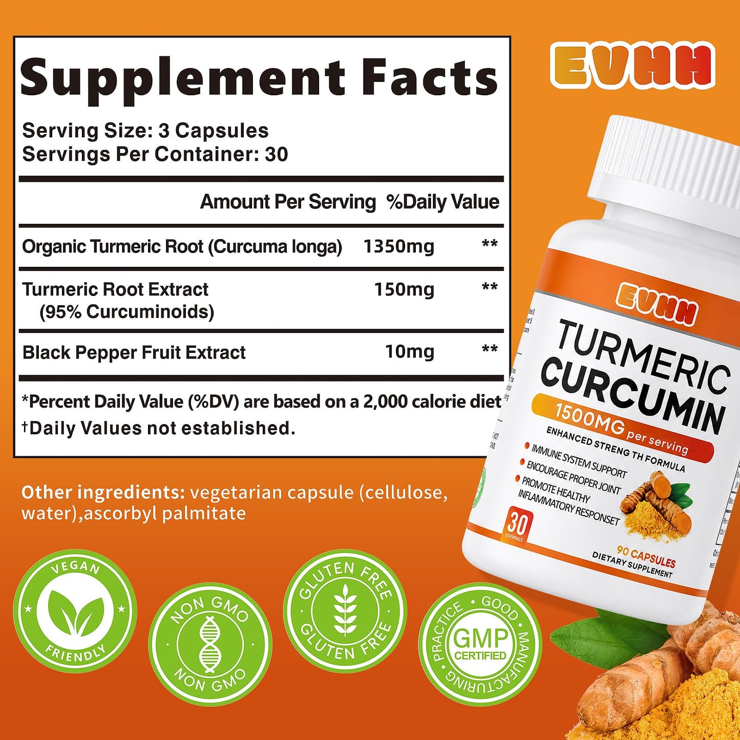 EVHH Turmeric Curcumin Capsules 1350mg, 90 Capsules