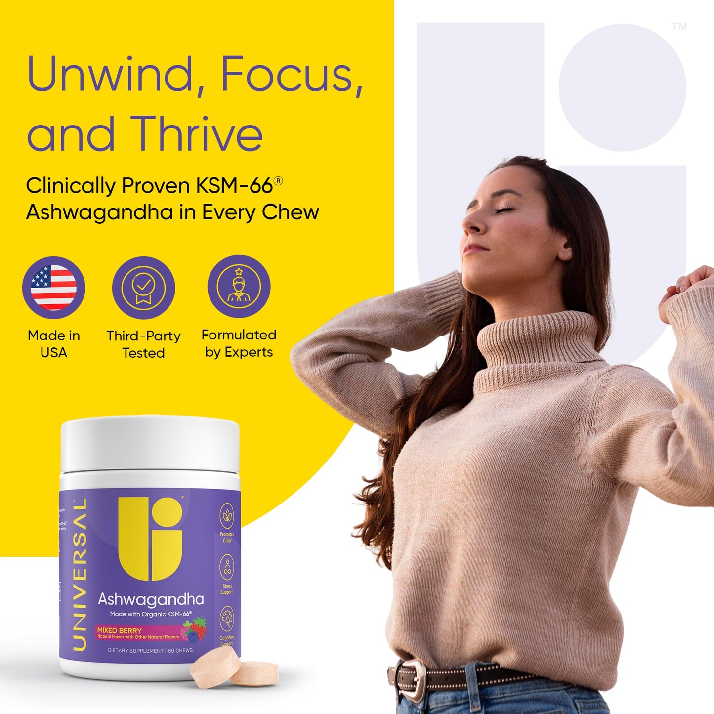 Universal U Calm + Focus Ashwagandha – KSM-66 300 mg Clinically Studied Extract for Stress Relief, Mood Balance & Calm Energy – Mixed Berry Flavor, 60 Chews
