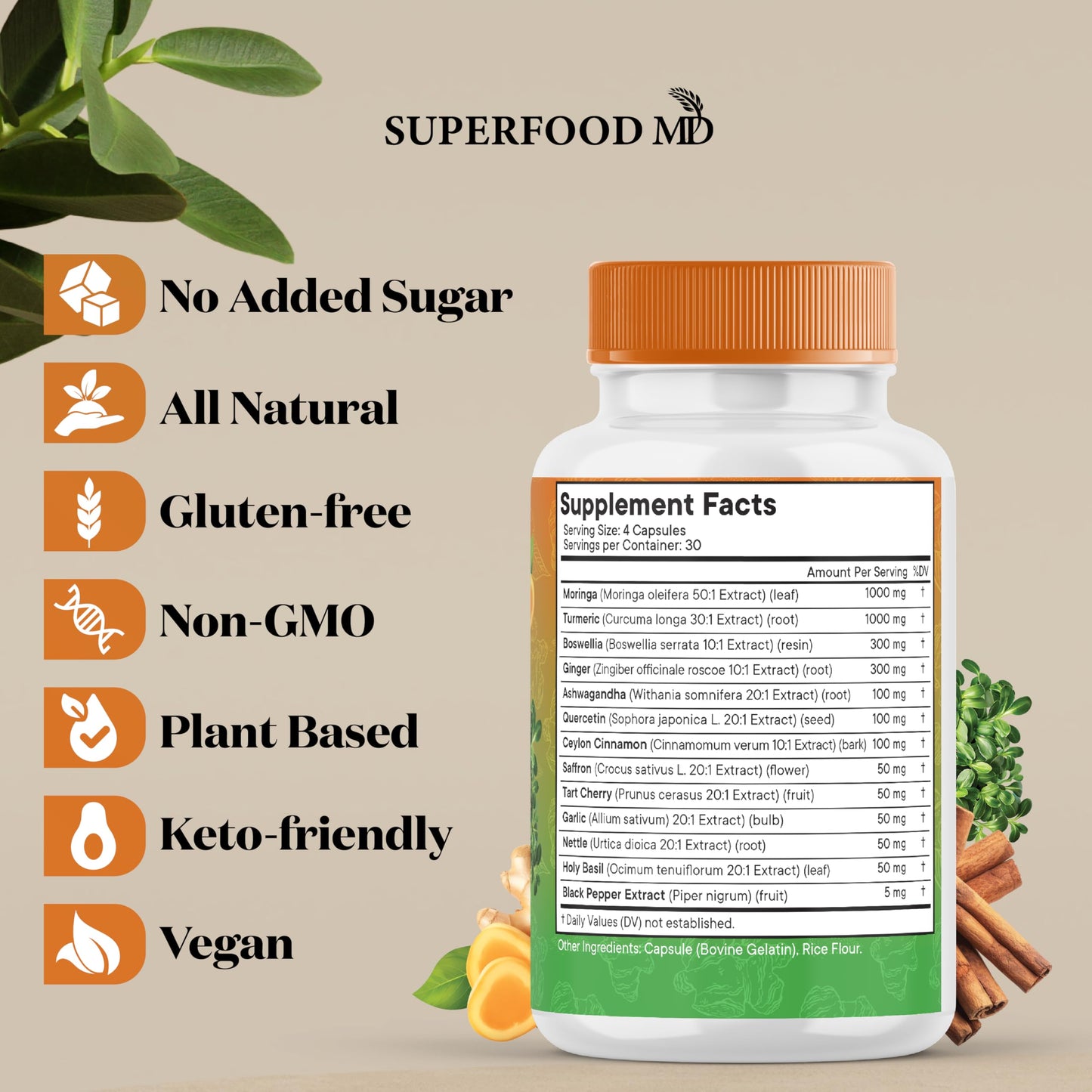 Superfood MD Turmeric Moringa & Holy Basil Joint Support Capsules, 360 Count