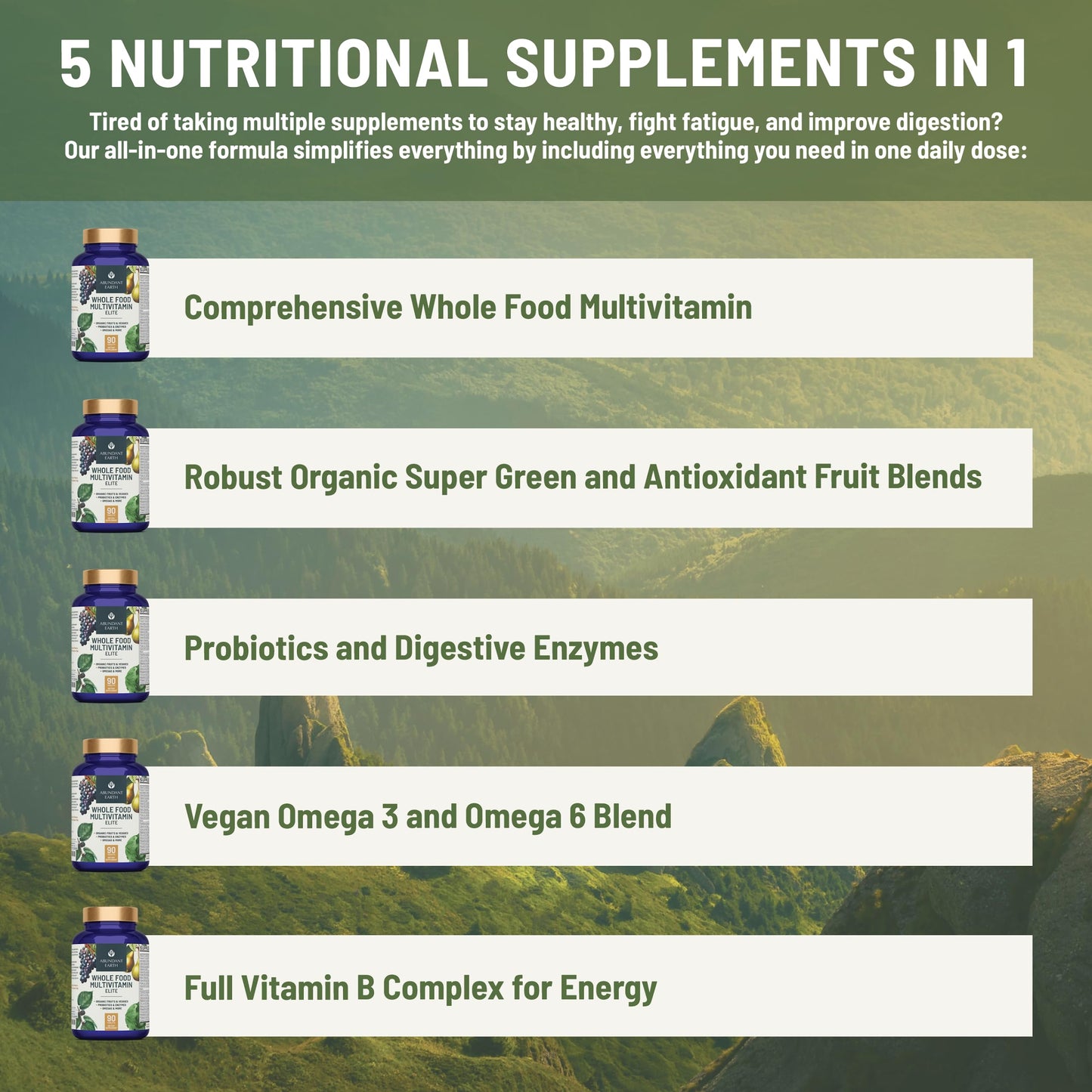 Abundant Earth Whole Food Multivitamin for Women and Men, Daily Multivitamins with B Complex, Probiotic, Enzymes & Omegas, 180 Tablets