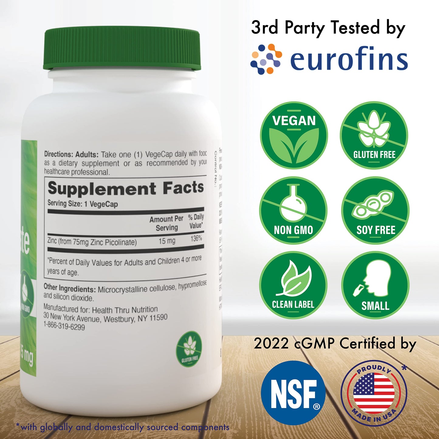 Health Thru Nutrition Zinc Picolinate 75mg 15mg Elemental Zinc Capsule, 100 Count