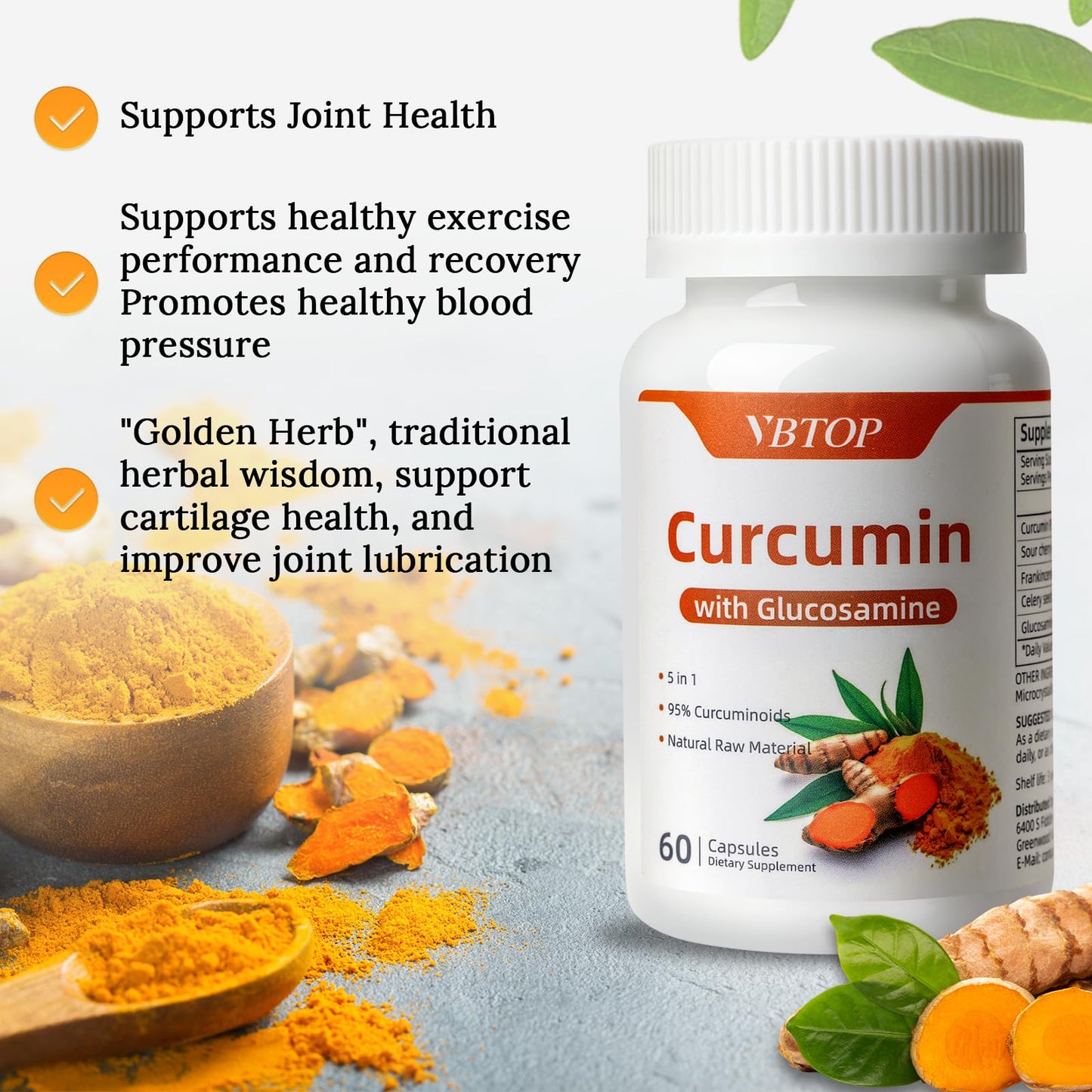 VBTOP Curcumin 95% with Glucosamine, 5-in-1 Joint Support Supplement with Sour Cherry, Frankincense & Celery Seed, 60 Capsules